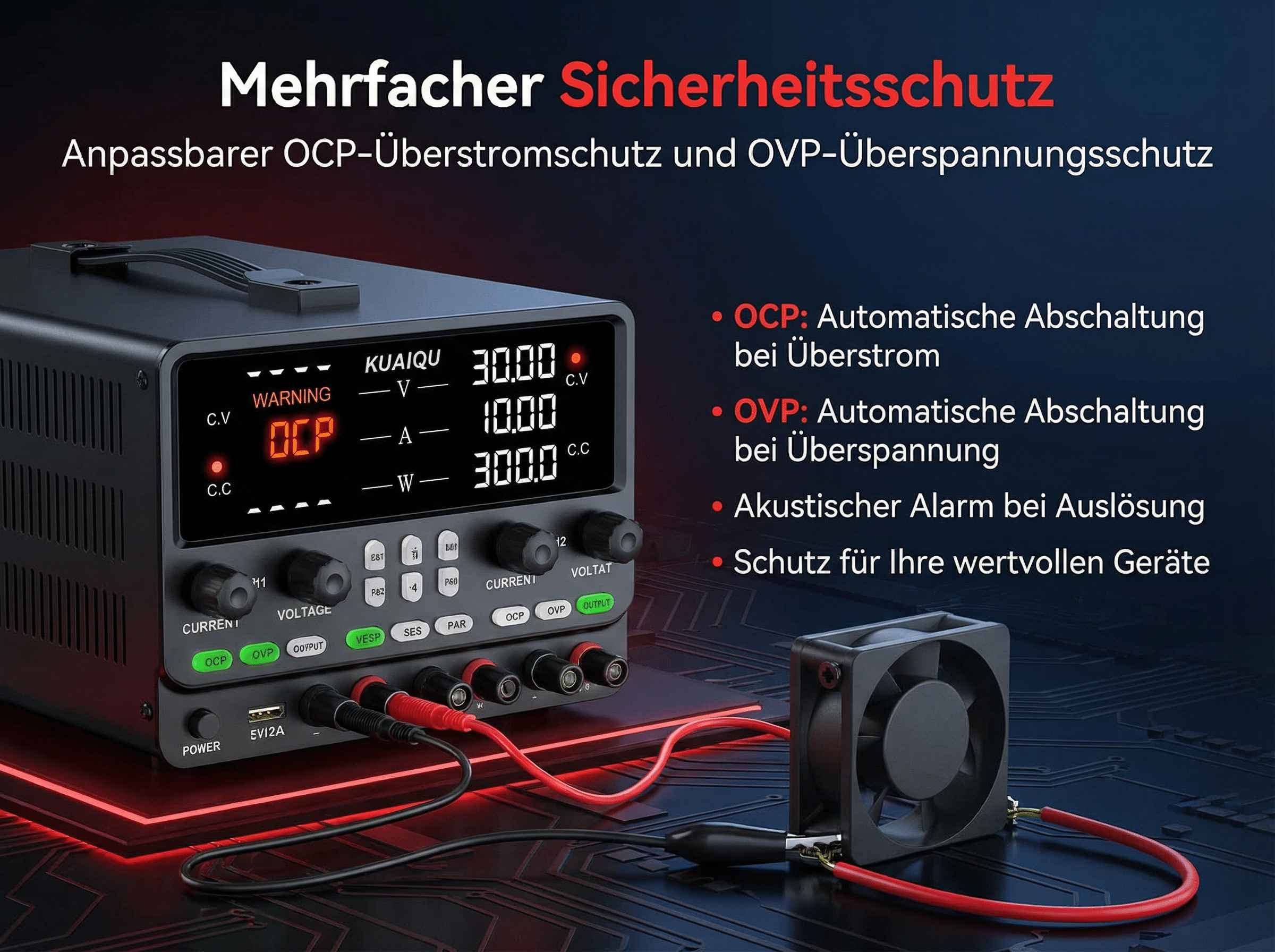 Ein Labornetzteil mit Lüfter, roten und schwarzen Kabeln, und deutscher Textbeschreibung.