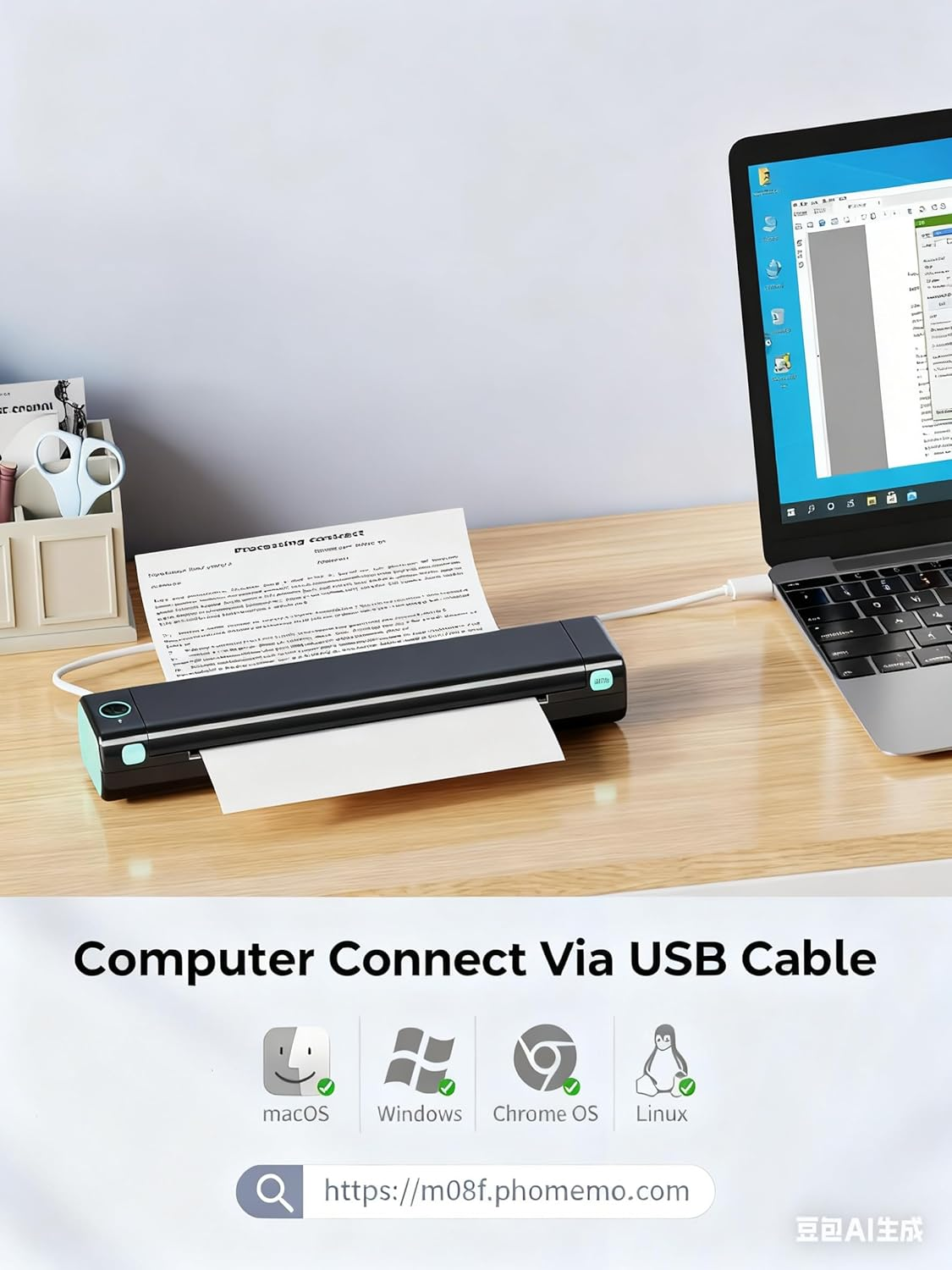 Un scanner portable est connecté à un ordinateur portable via USB.
