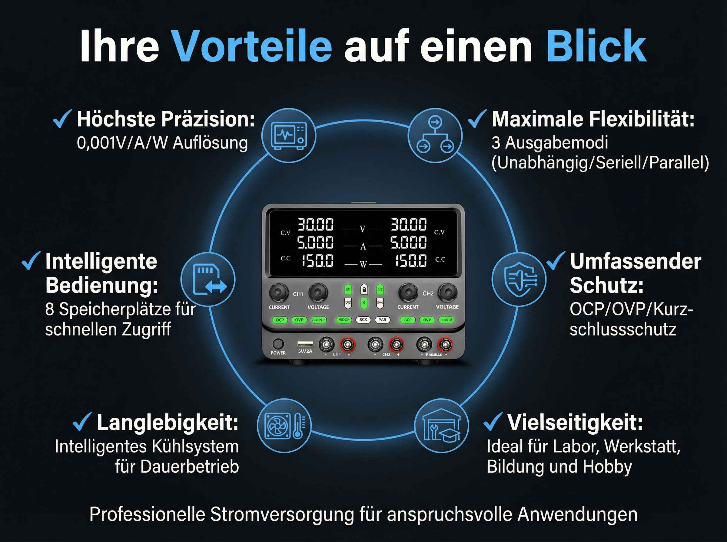 Diagramm mit Vorteilen eines Netzteils: Präzision, Flexibilität, Speicher, Schutz, Langlebigkeit, Vielseitigkeit.