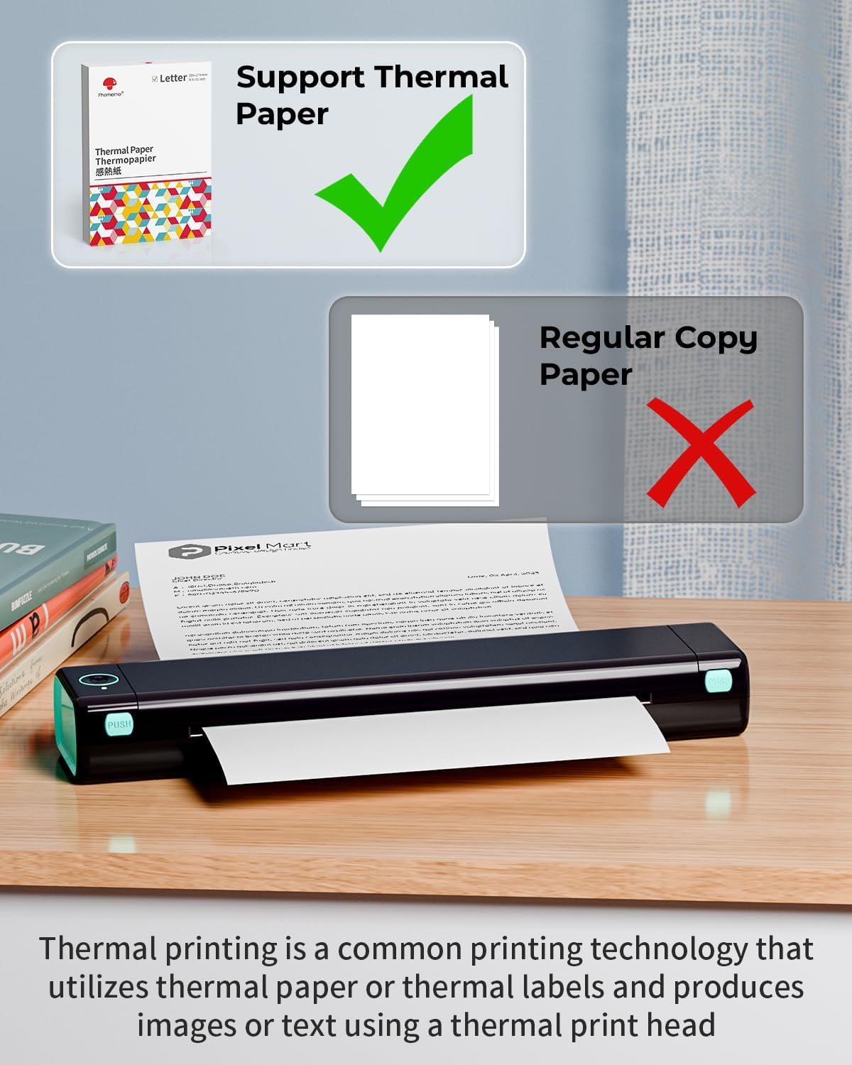 Une imprimante portable imprime sur du papier thermique, avec un paquet de papier thermique à gauche.