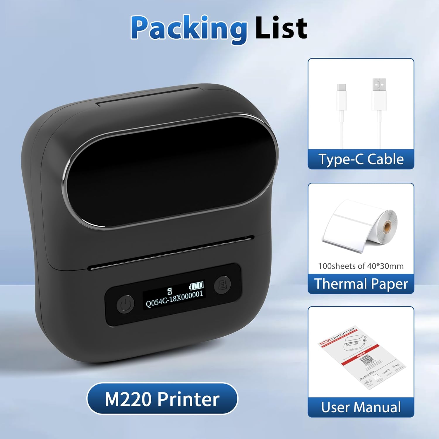 Liste de colisage : imprimante M220, câble Type-C, papier thermique, manuel utilisateur.