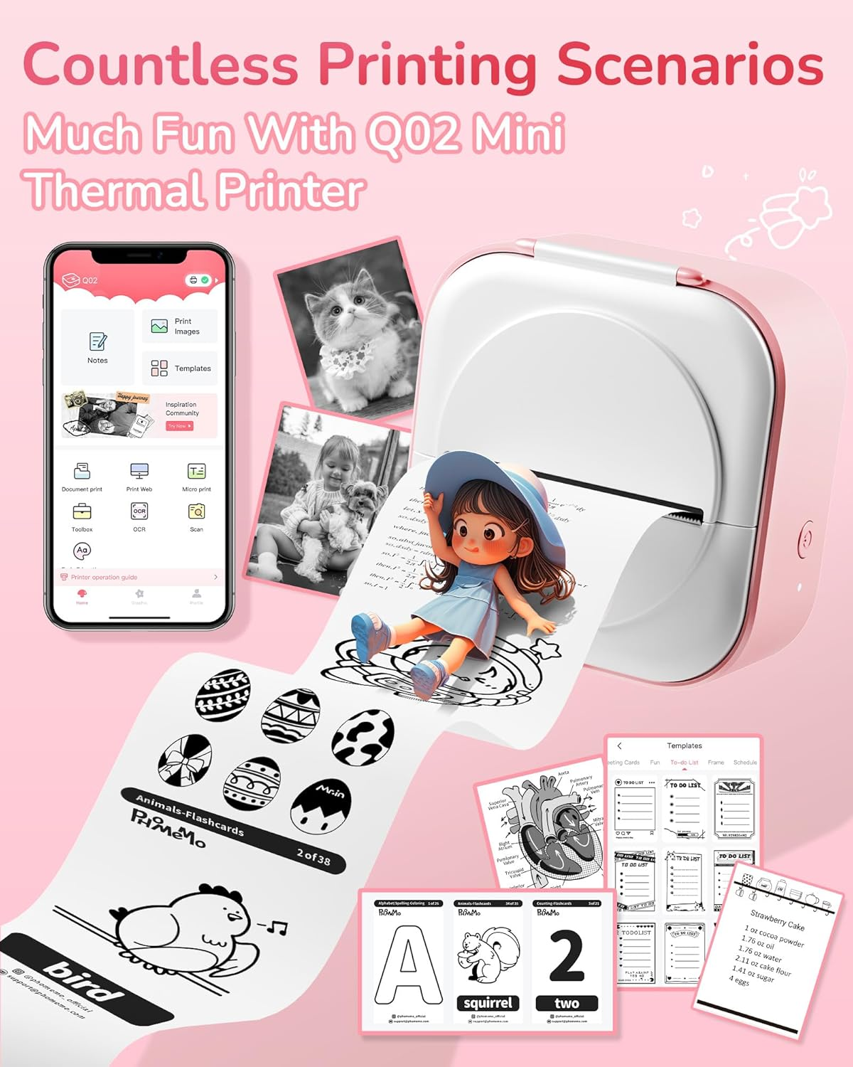 Une mini imprimante thermique rose avec un téléphone et des impressions de cartes d'animaux, d'anatomie du cœur et de recettes.