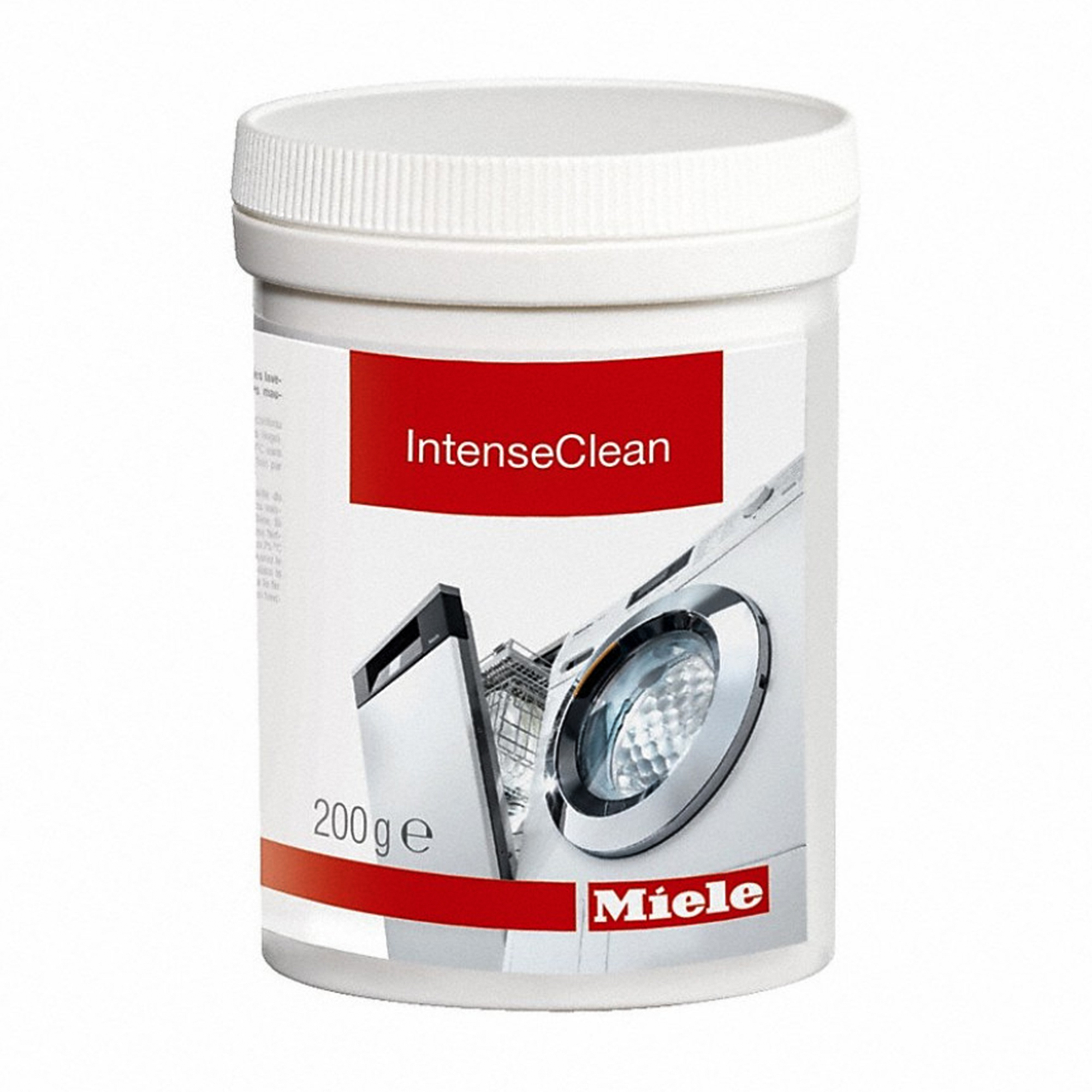Detergente Miele IntenseClean con lavatrice e lavastoviglie.