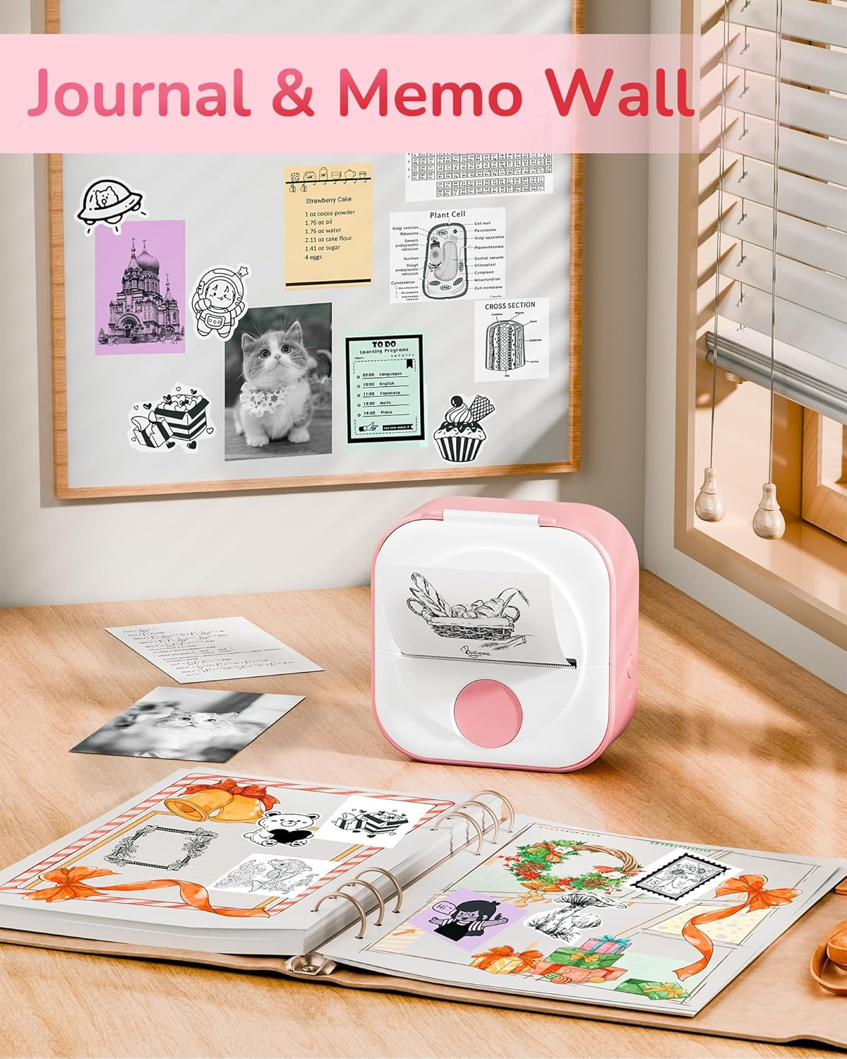 Imprimante rose et blanche sur un bureau avec un journal et un mur de mémos.