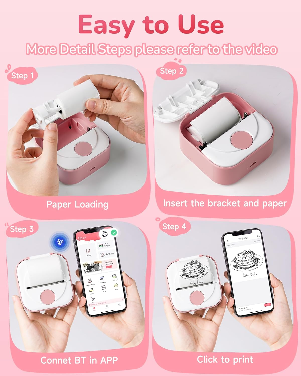 Guide étape par étape pour charger le papier, se connecter via BT et imprimer.