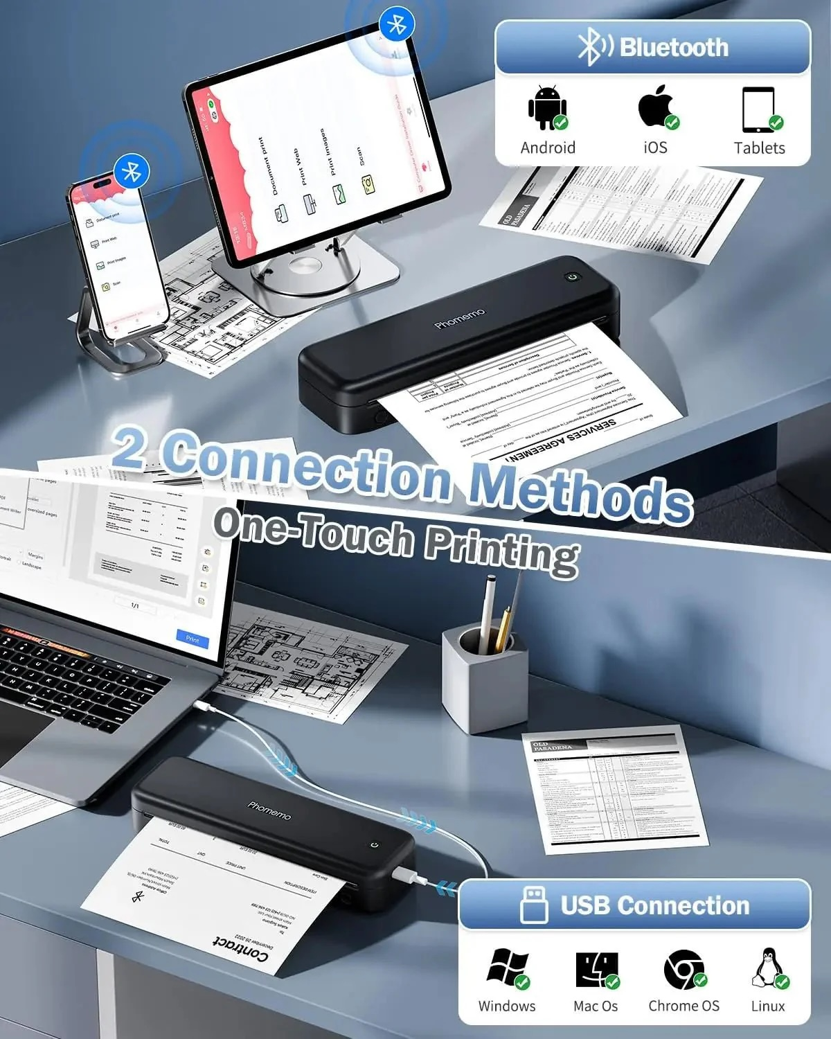 Imprimante portable montrée avec des connexions Bluetooth et USB à un téléphone, une tablette et un ordinateur portable.