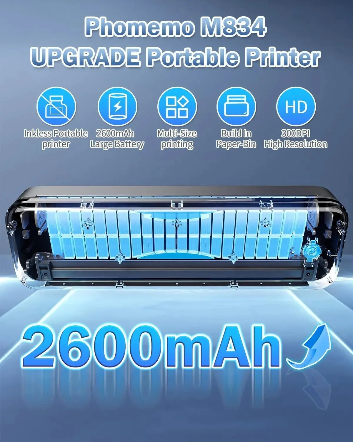 Imprimante Phomemo M834 : Sans encre, portable, batterie 2600mAh, impression multi-tailles.