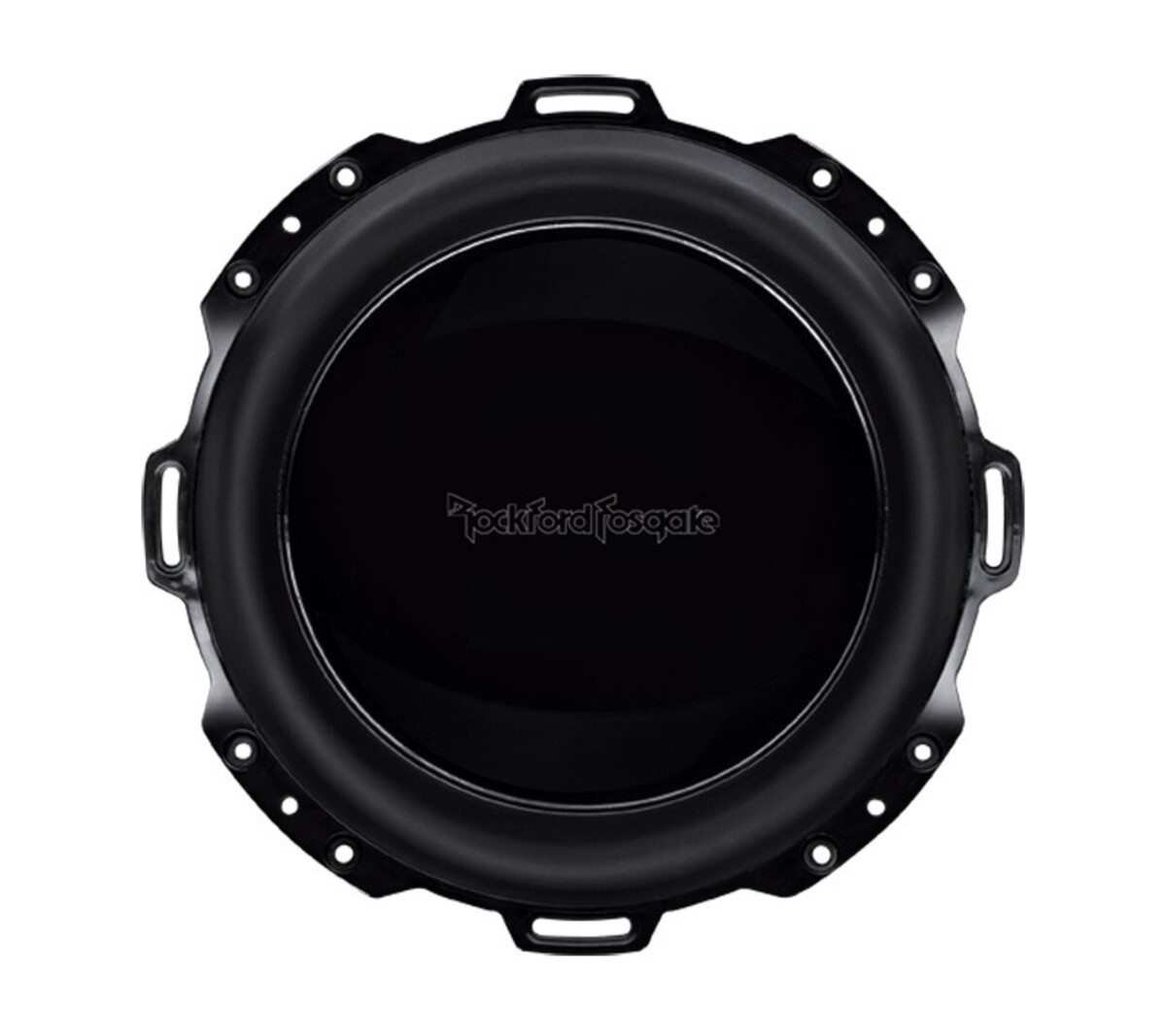 Schwarzer Subwoofer mit Rockford Fosgate Logo, auf weißem Hintergrund.