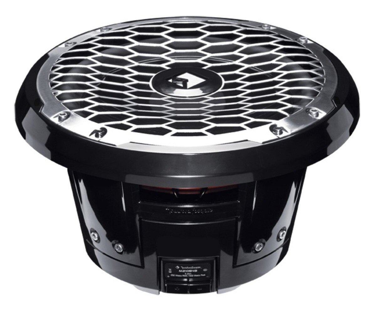Schwarzer Subwoofer mit silbernem Gitter und hexagonalem Muster.