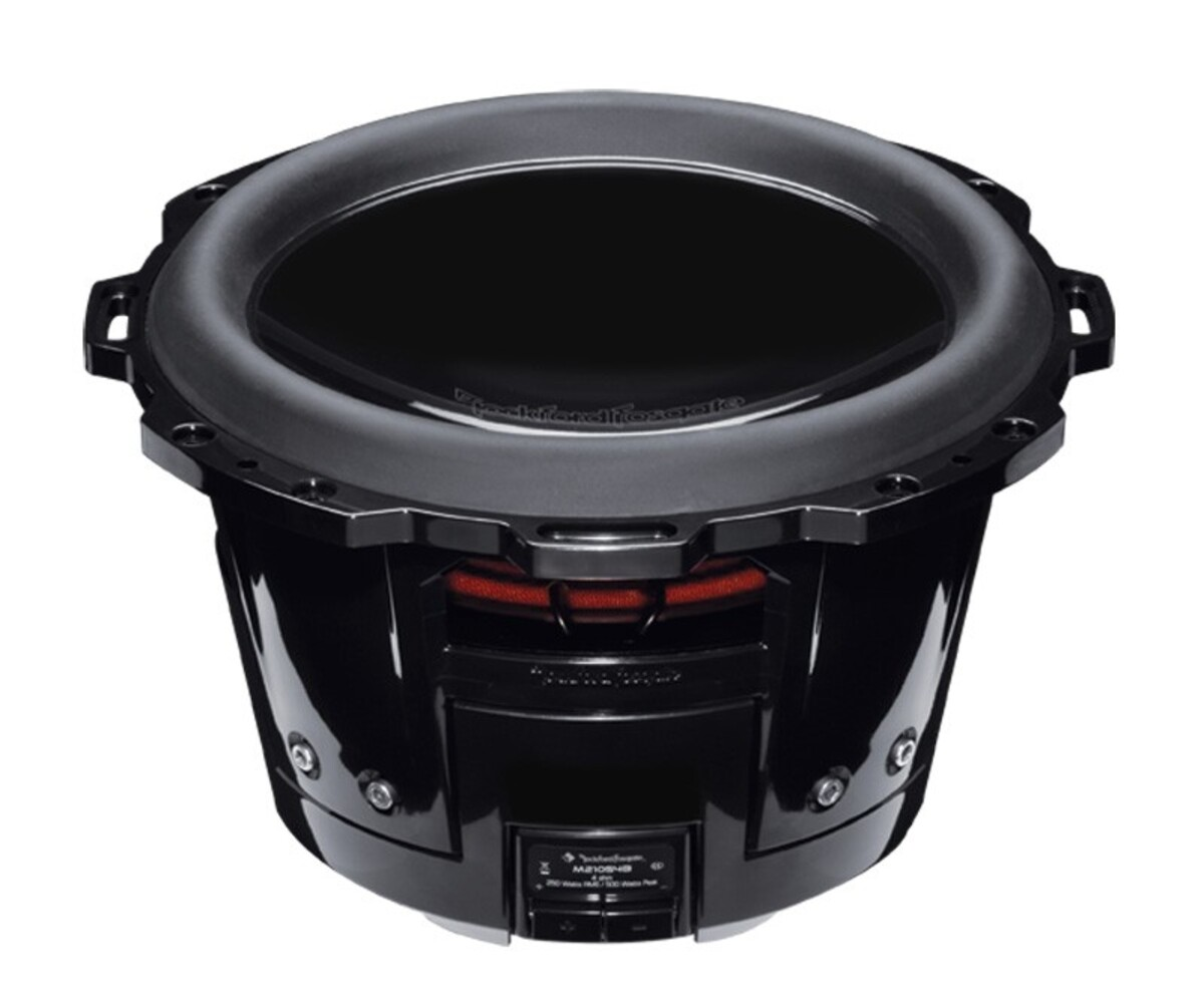 Schwarzer Subwoofer mit rotem Akzent und silberner Beschriftung auf weißem Hintergrund.