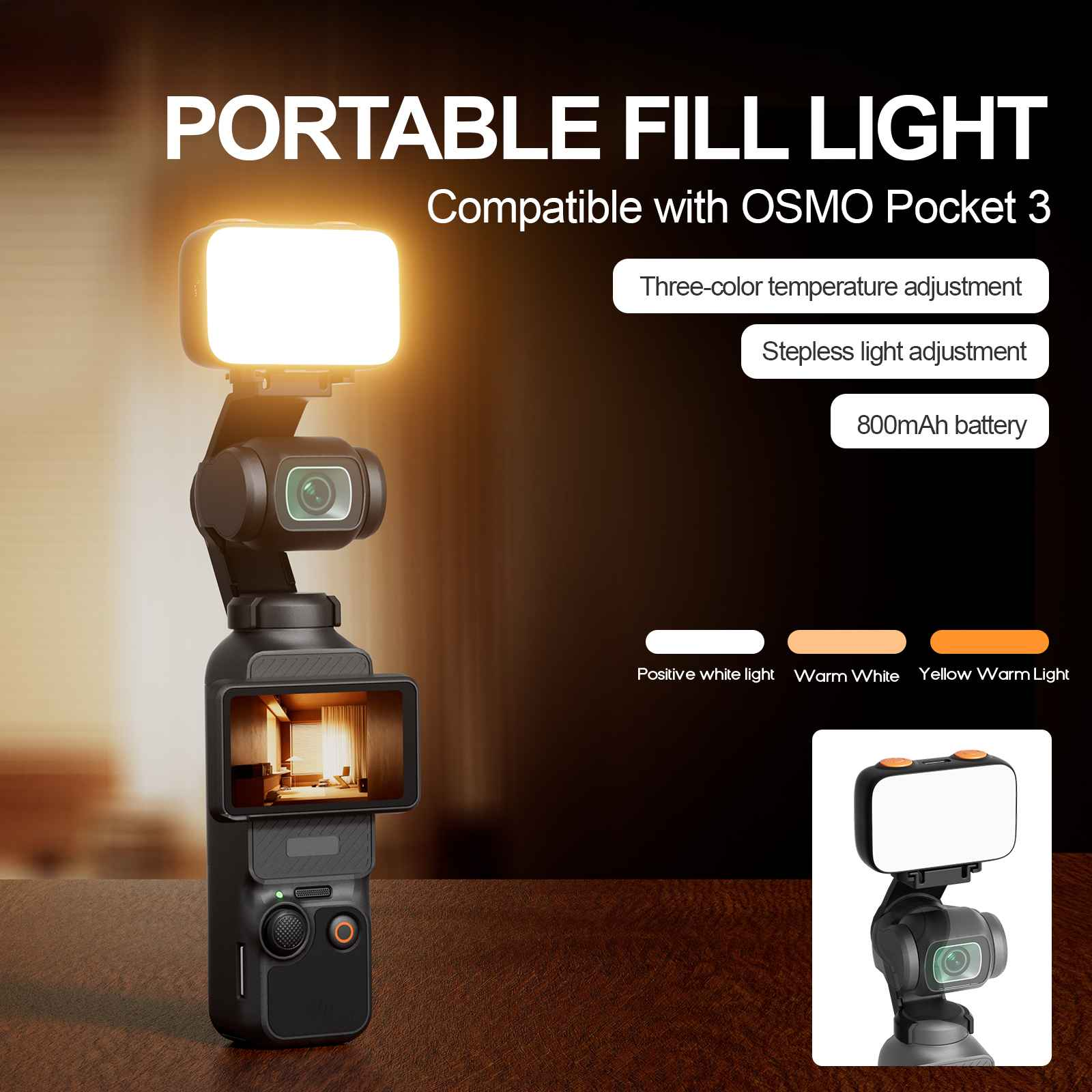 Tragbares Fülllicht für Osmo Pocket 3 mit drei Farbtemperaturen.