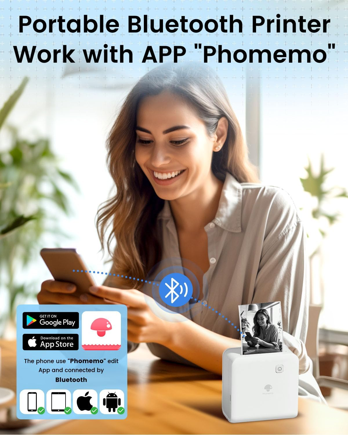 Femme utilise smartphone, imprime photo avec imprimante Bluetooth blanche.