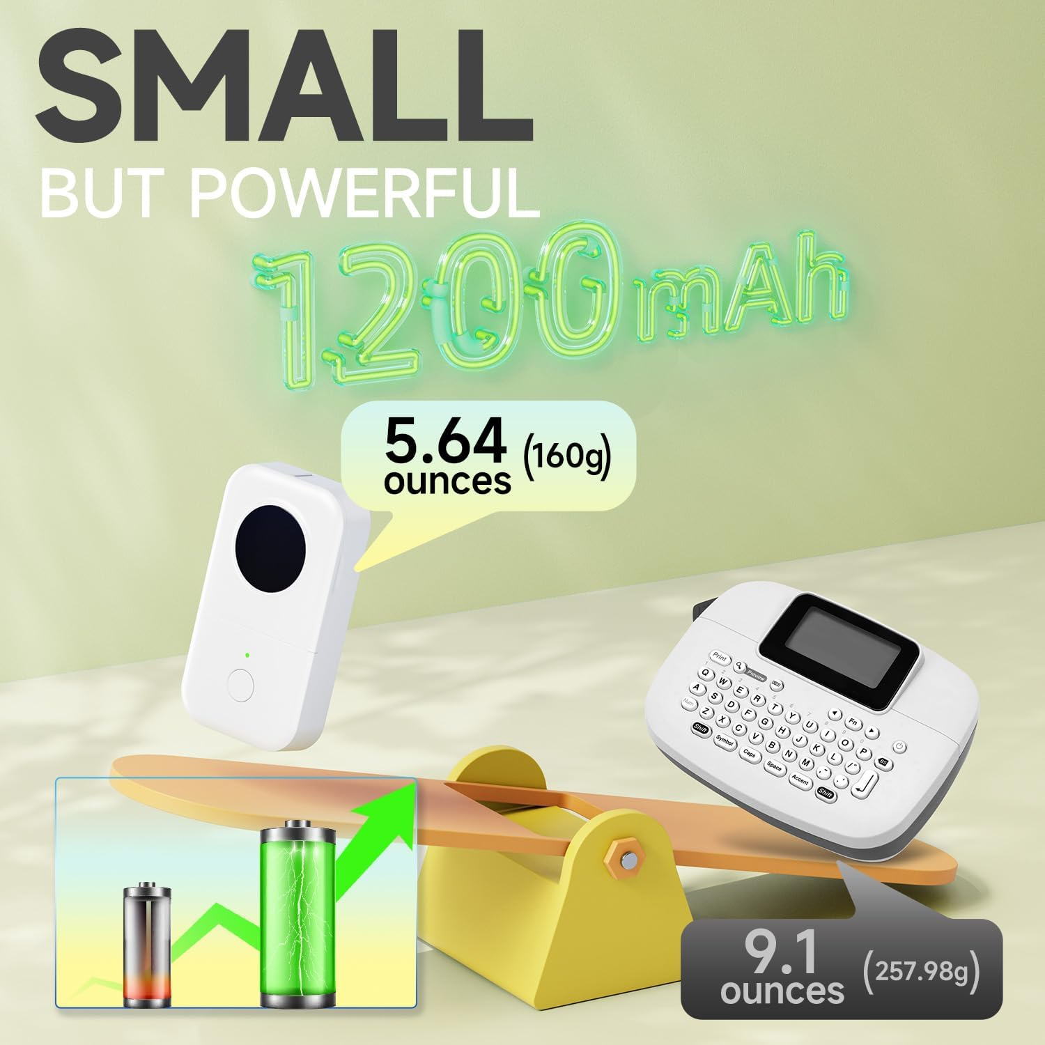 Un appareil blanc et une étiqueteuse blanche sur une bascule. Batterie 1200 mAh.