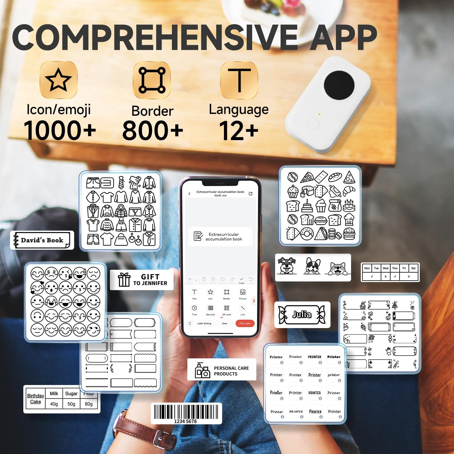 Interface d'application montrant des icônes pour emojis, bordures, langues, vêtements, visages, cadeaux, nourriture et imprimantes.