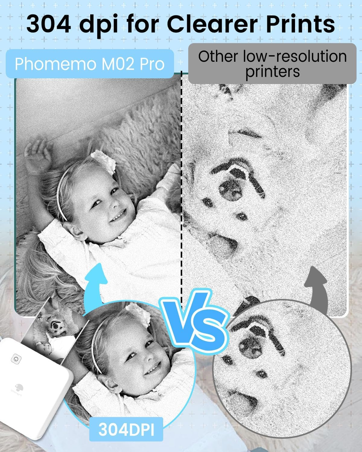 Comparaison : Phomemo M02 Pro 304 DPI vs autres imprimantes. Enfant et chien montrés.