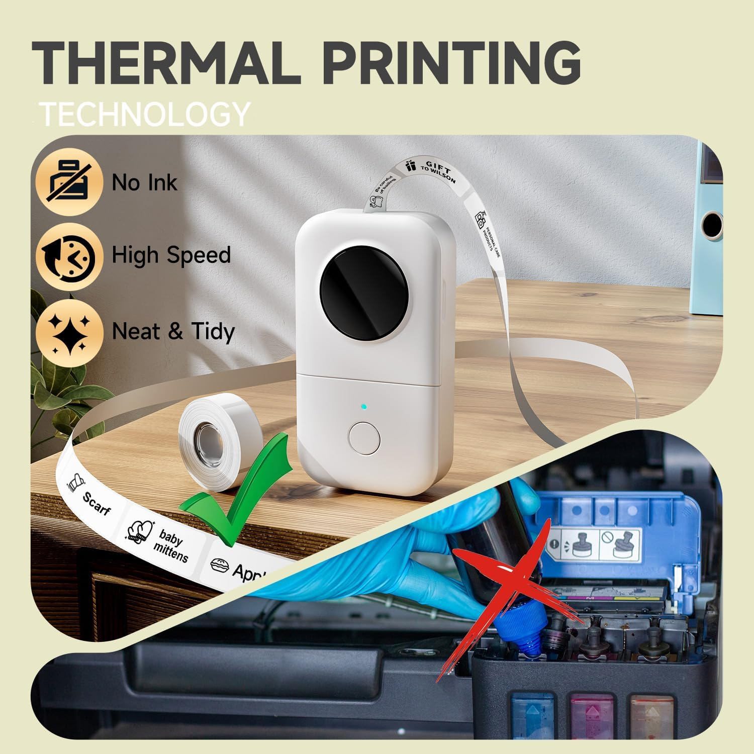 Une imprimante thermique blanche imprime une étiquette avec « Foulard » et « moufles bébé ».