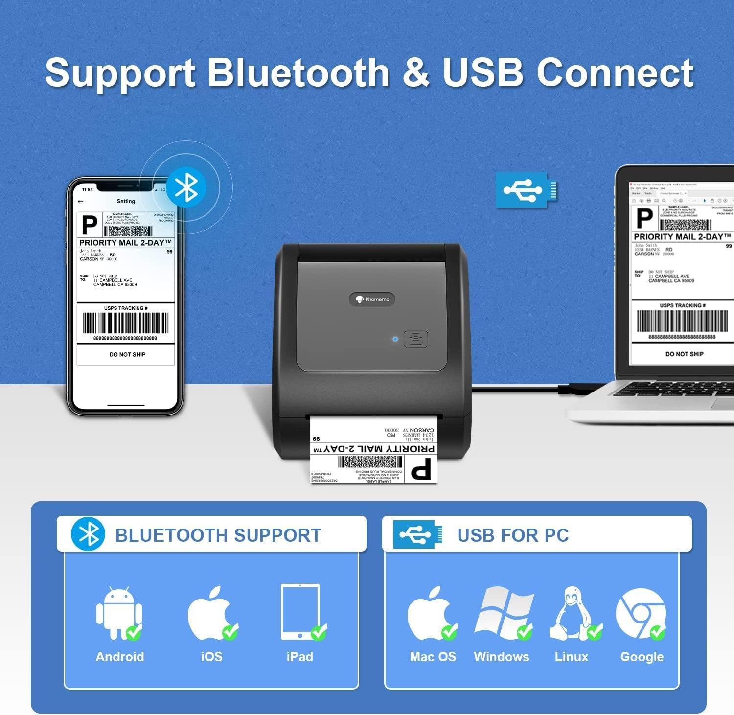 Une imprimante thermique se connecte en Bluetooth à un smartphone et en USB à un ordinateur portable.