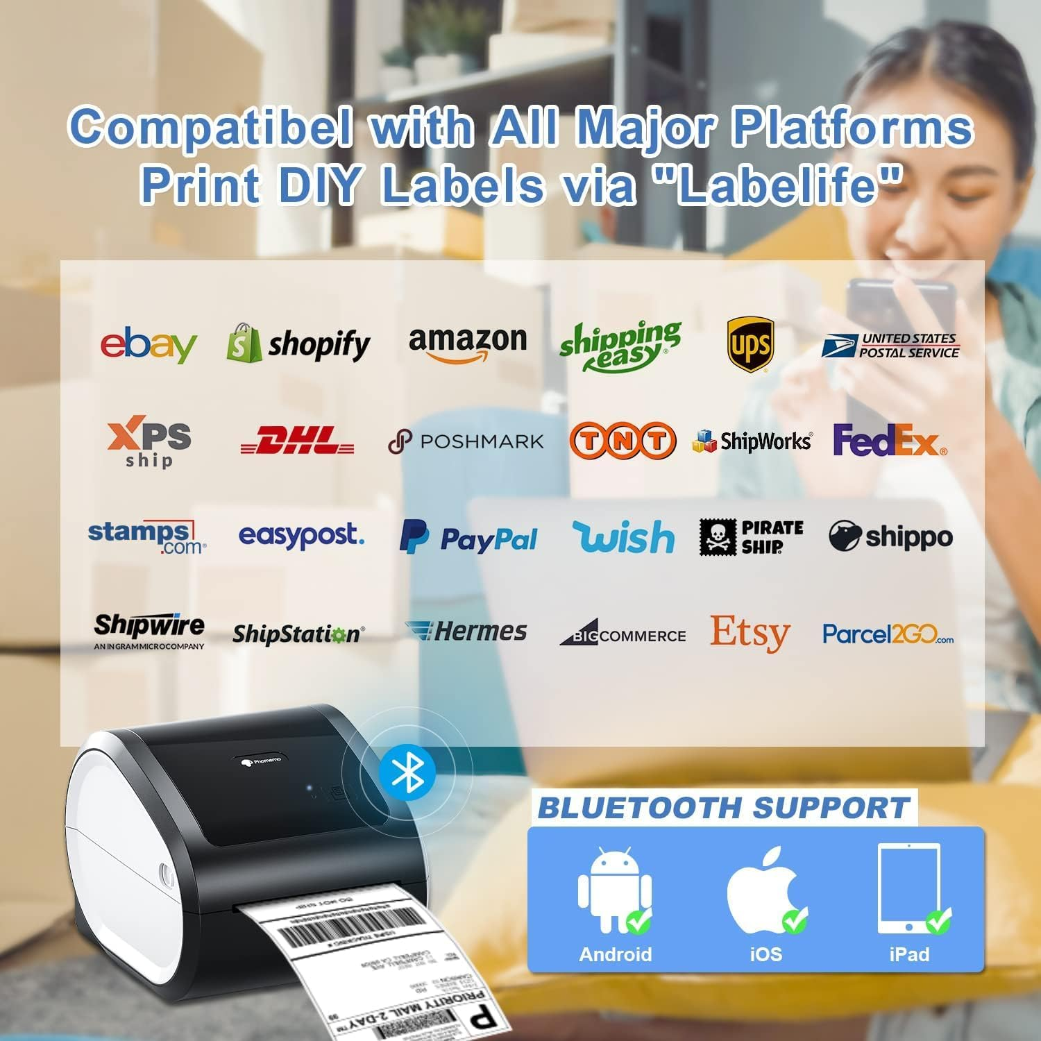 Imprimante d'étiquettes avec logos eBay, Amazon, USPS, FedEx. Support Bluetooth pour Android, iOS, iPad.