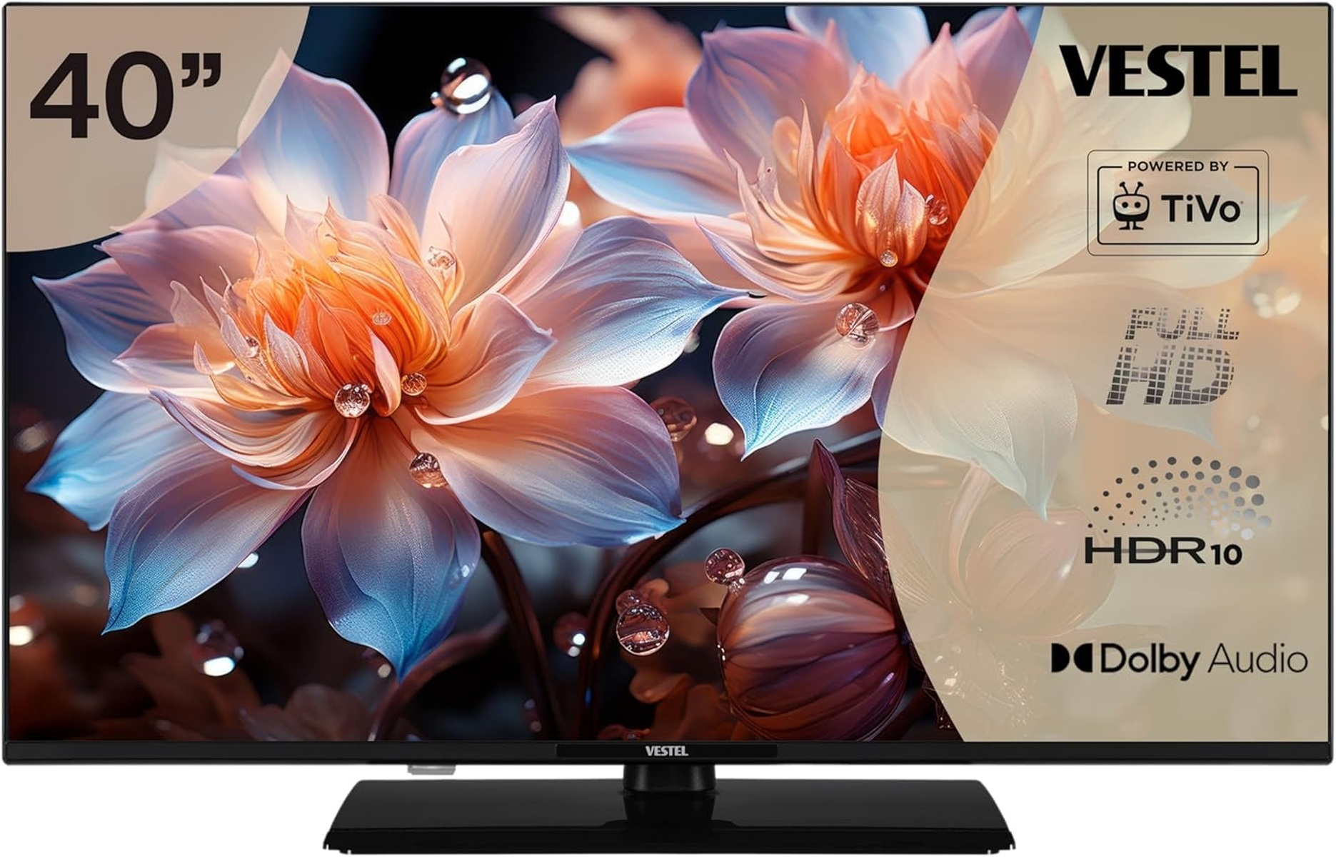 40-Zoll-Fernseher mit blumenartigen Bildern, HDR10 und Dolby Audio