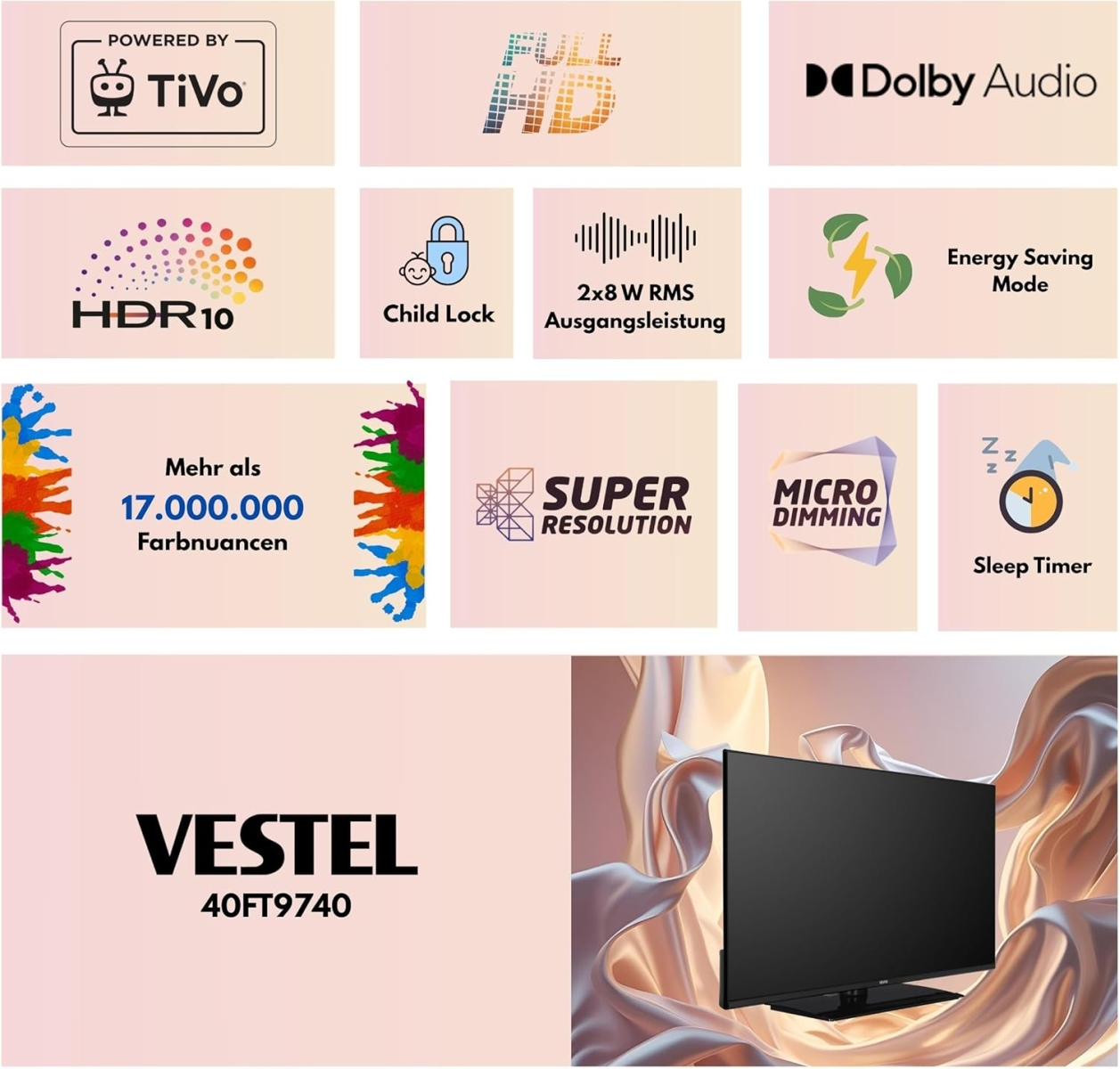 Ein Panel mit Logos wie TiVo, Dolby Audio, HDR10 und mehr.