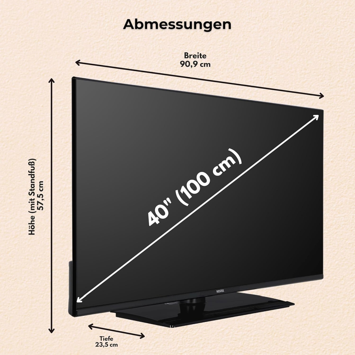 Ein 40-Zoll-Fernseher mit Standfuß, Breite 90,9 cm, Höhe 57,5 cm, Tiefe 23,5 cm.