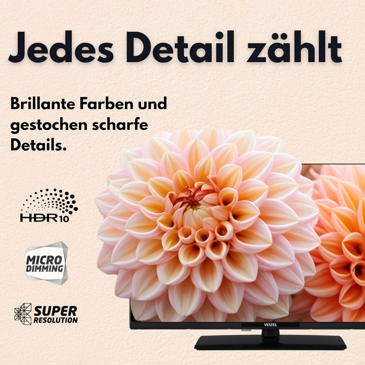 Ein Fernseher zeigt eine Nahaufnahme von zwei Blumen mit HDR10, Micro Dimming und Super Resolution.