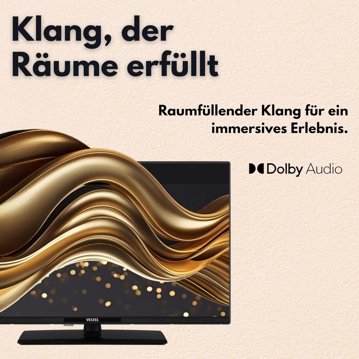 Ein schwarzer Fernseher mit goldenen, fließenden Formen auf dem Bildschirm. Dolby Audio Logo.