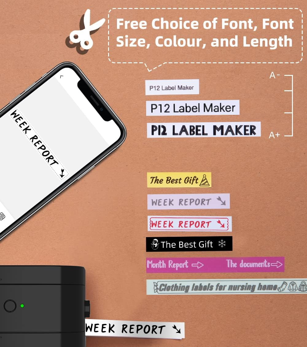 L'écran du téléphone affiche 'RAPPORT HEBDOMADAIRE'. L'imprimante d'étiquettes imprime diverses étiquettes.