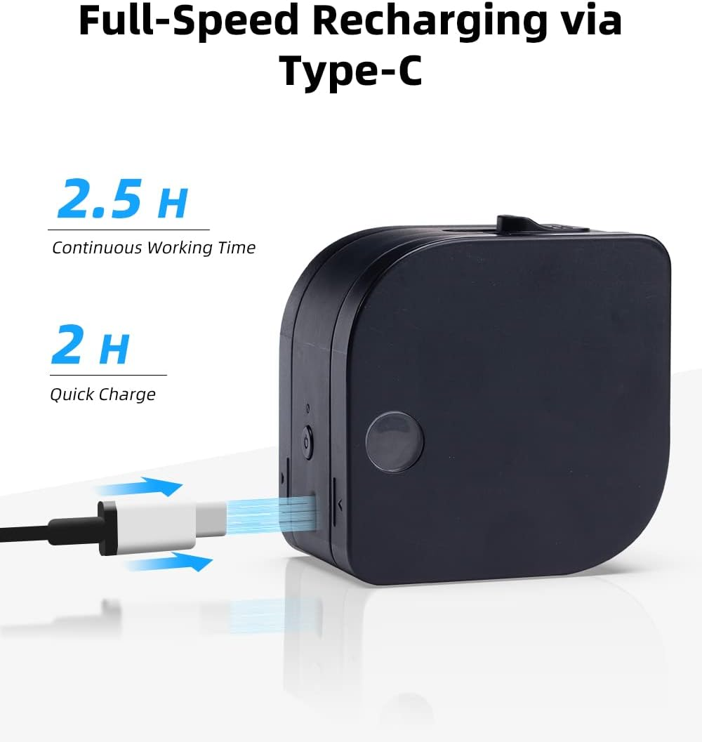 Appareil noir avec chargement Type-C. 2,5 h d'autonomie, 2 h de charge rapide.