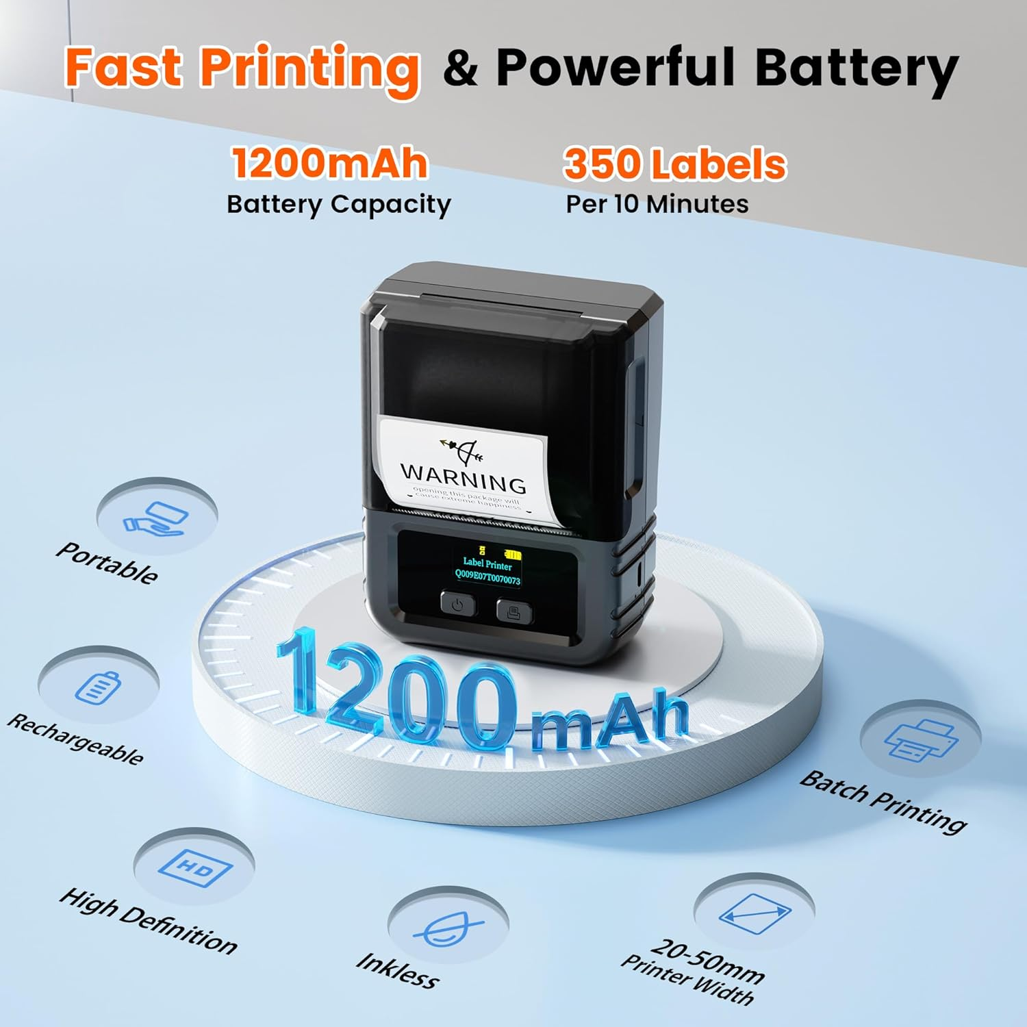 Imprimante d'étiquettes portable avec batterie 1200mAh, 350 étiquettes/10 min.