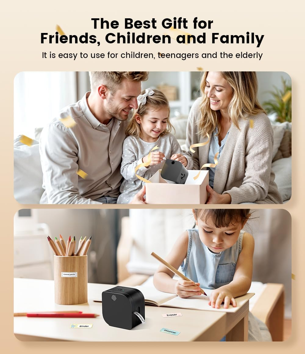 Famille ouvrant un cadeau. Enfant utilisant une étiqueteuse. Crayons de couleur.