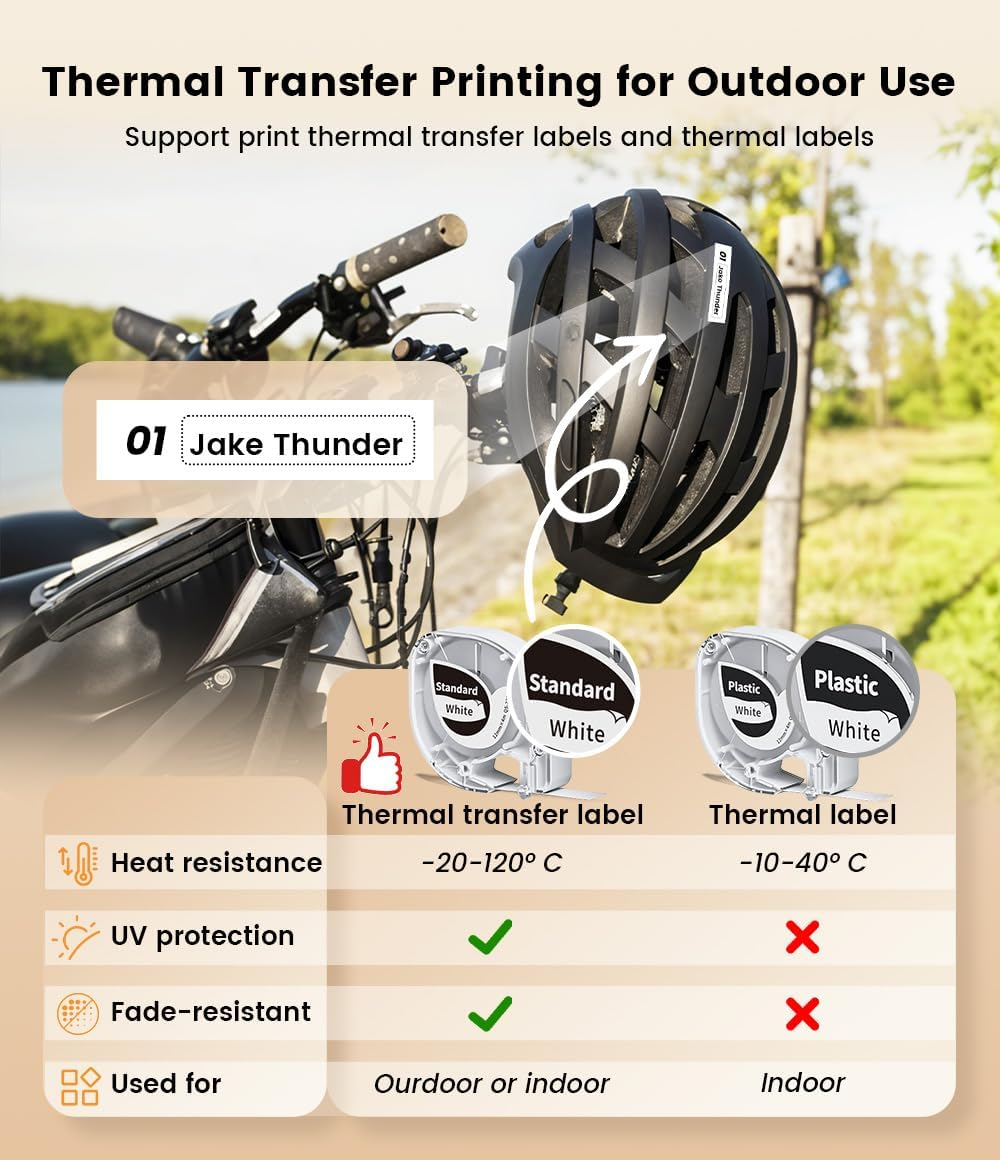 Comparaison des étiquettes transfert thermique et thermiques pour extérieur, détaillant les caractéristiques.