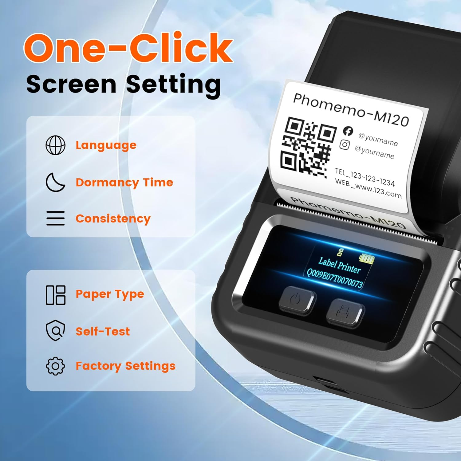 Une imprimante d'étiquettes portable avec code QR, paramètres de menu et écran LCD.