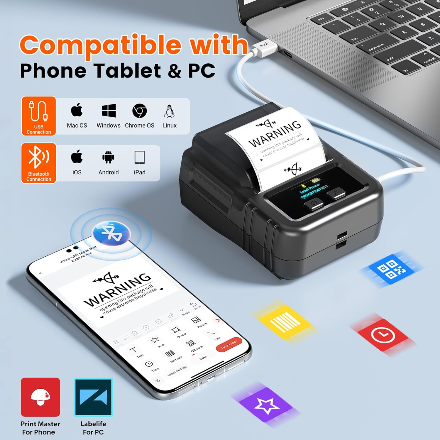 Une imprimante connectée à un ordinateur portable via USB. Une application mobile affiche des étiquettes.