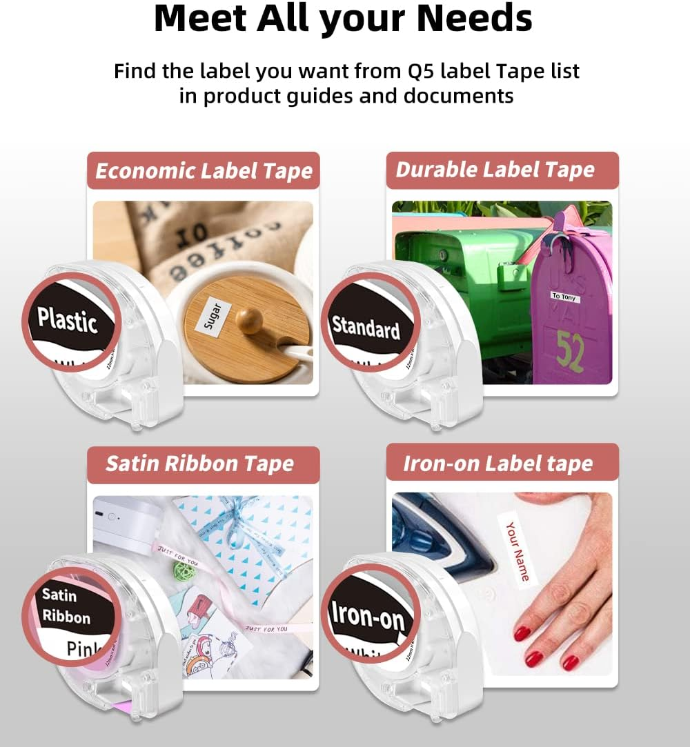 Quatre types de rubans d'étiquettes Q5 : Plastique, Standard, Ruban Satin et Thermocollant.