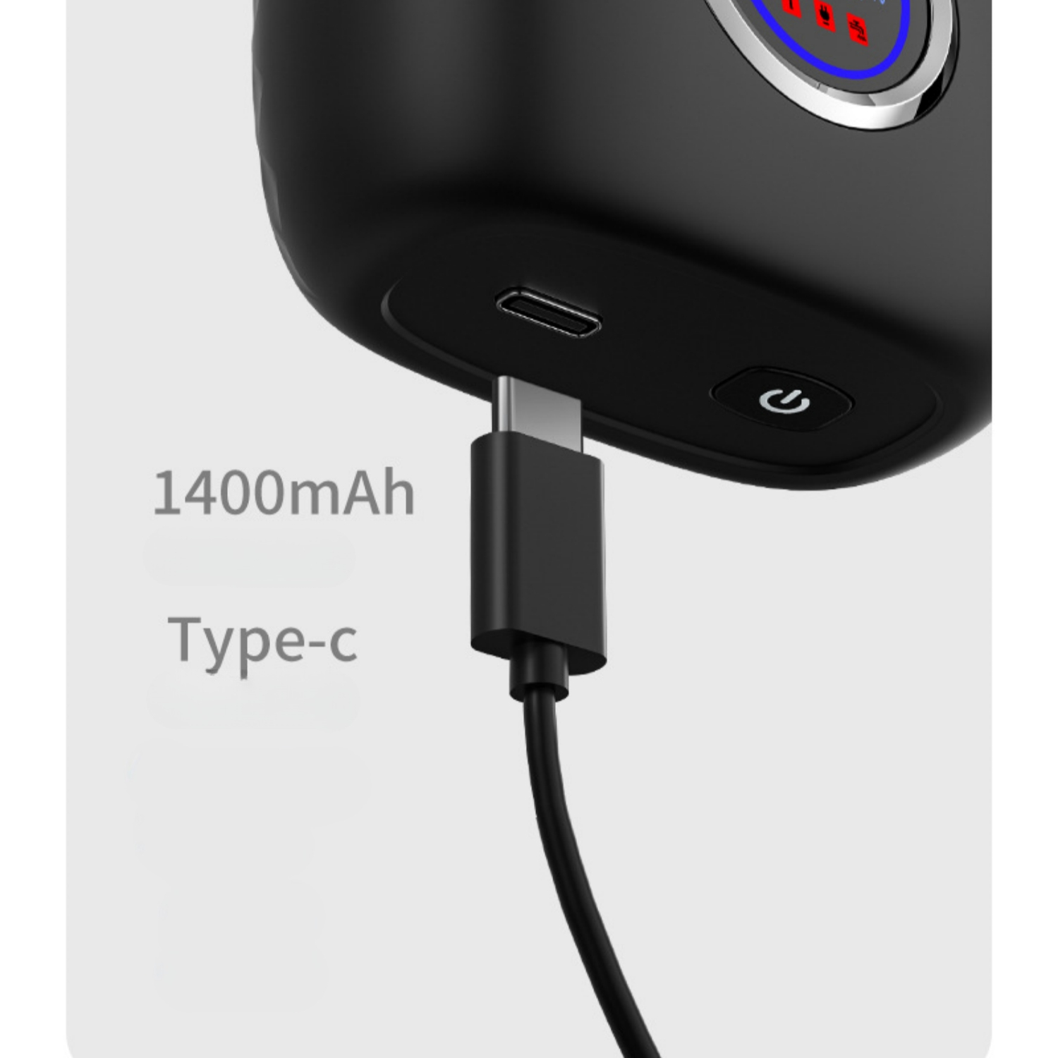Schwarzes Gerät mit Typ-C-Ladeanschluss und 1400mAh-Anzeige.