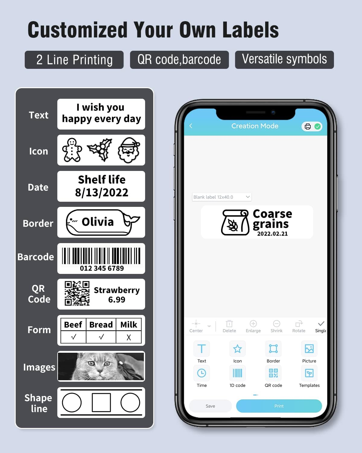 Un téléphone affiche des options de conception d'étiquettes : texte, icônes, codes QR, images.