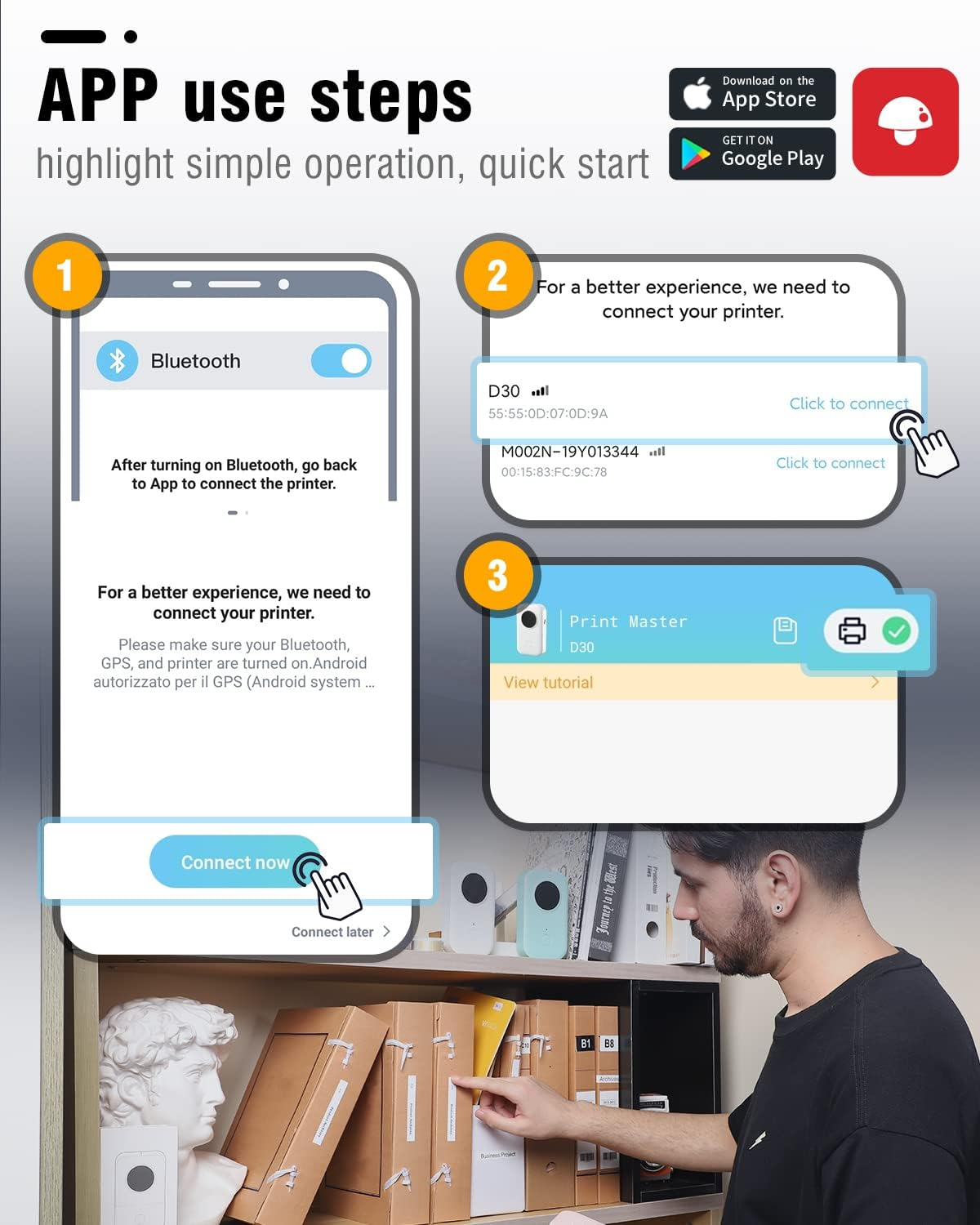 Instructions de l'application : Activer Bluetooth, connecter l'imprimante, voir le tutoriel.