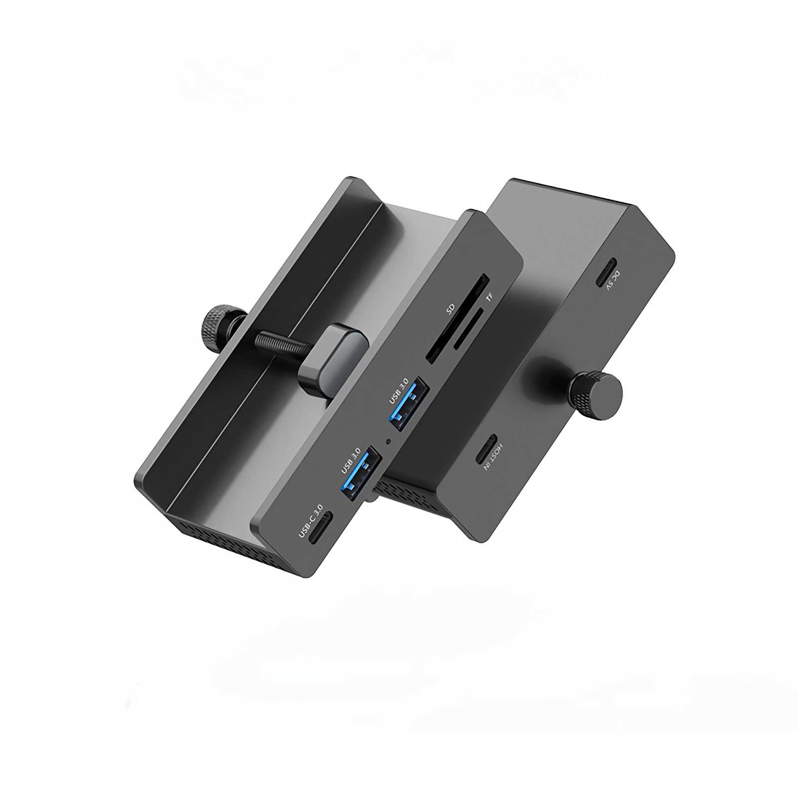 Ein schwarzer USB-C-Hub mit SD-/TF-Kartensteckplätzen und USB-Anschlüssen.