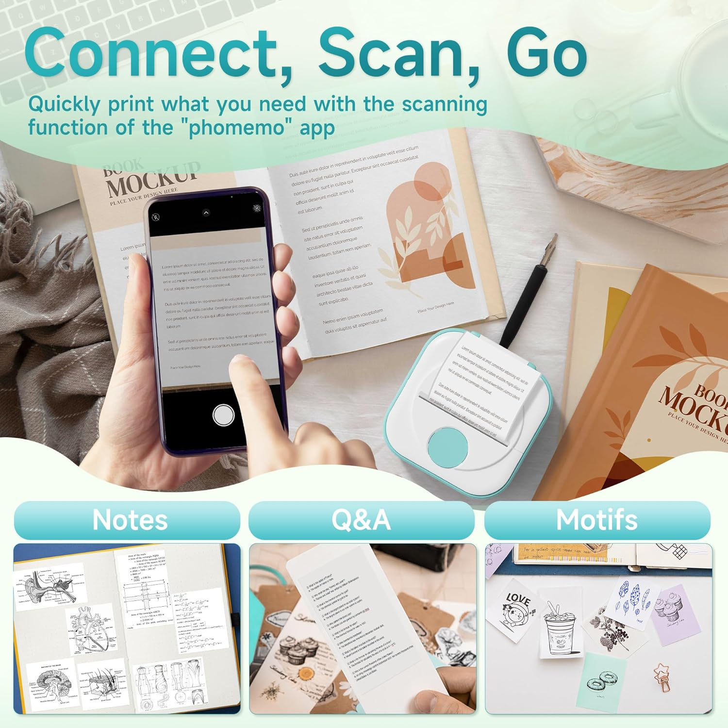 Un smartphone scanne un livre, imprimante à proximité. En bas : notes, Q&R et motifs.