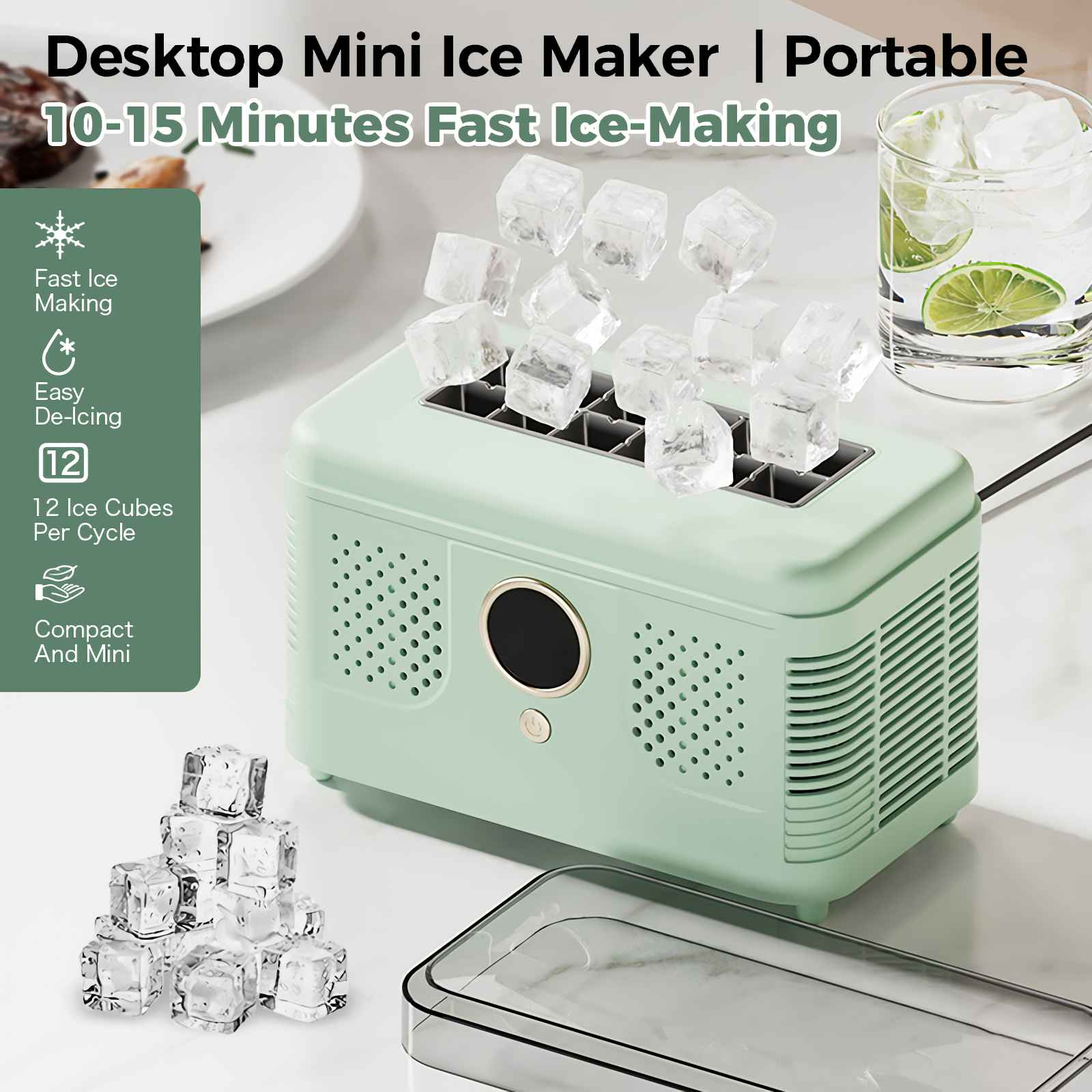 Ein kleiner, mintgrüner Eiswürfelbereiter mit Eiswürfeln und einem Glas Wasser.