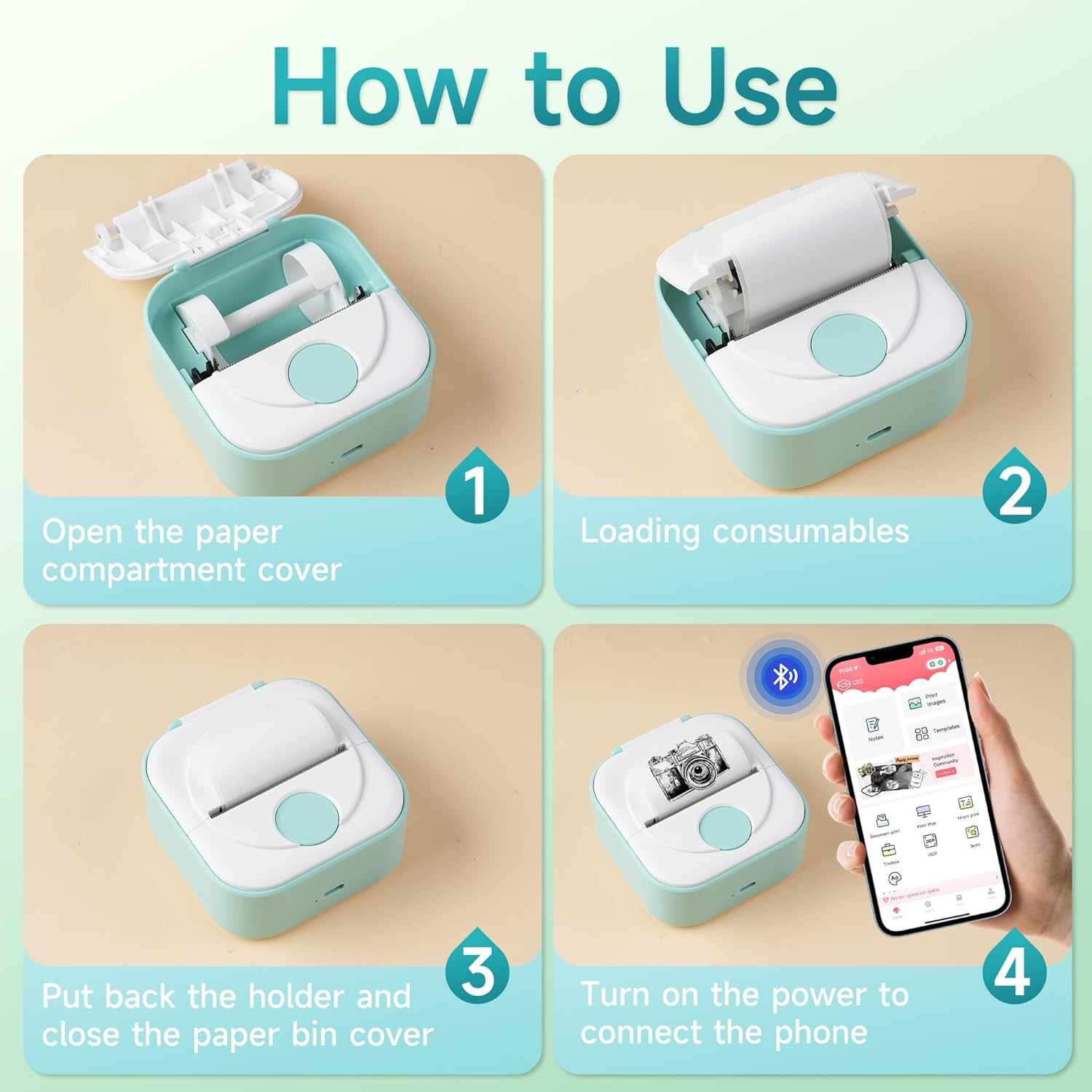 Comment utiliser : Ouvrir imprimante, charger papier, fermer, connecter téléphone.