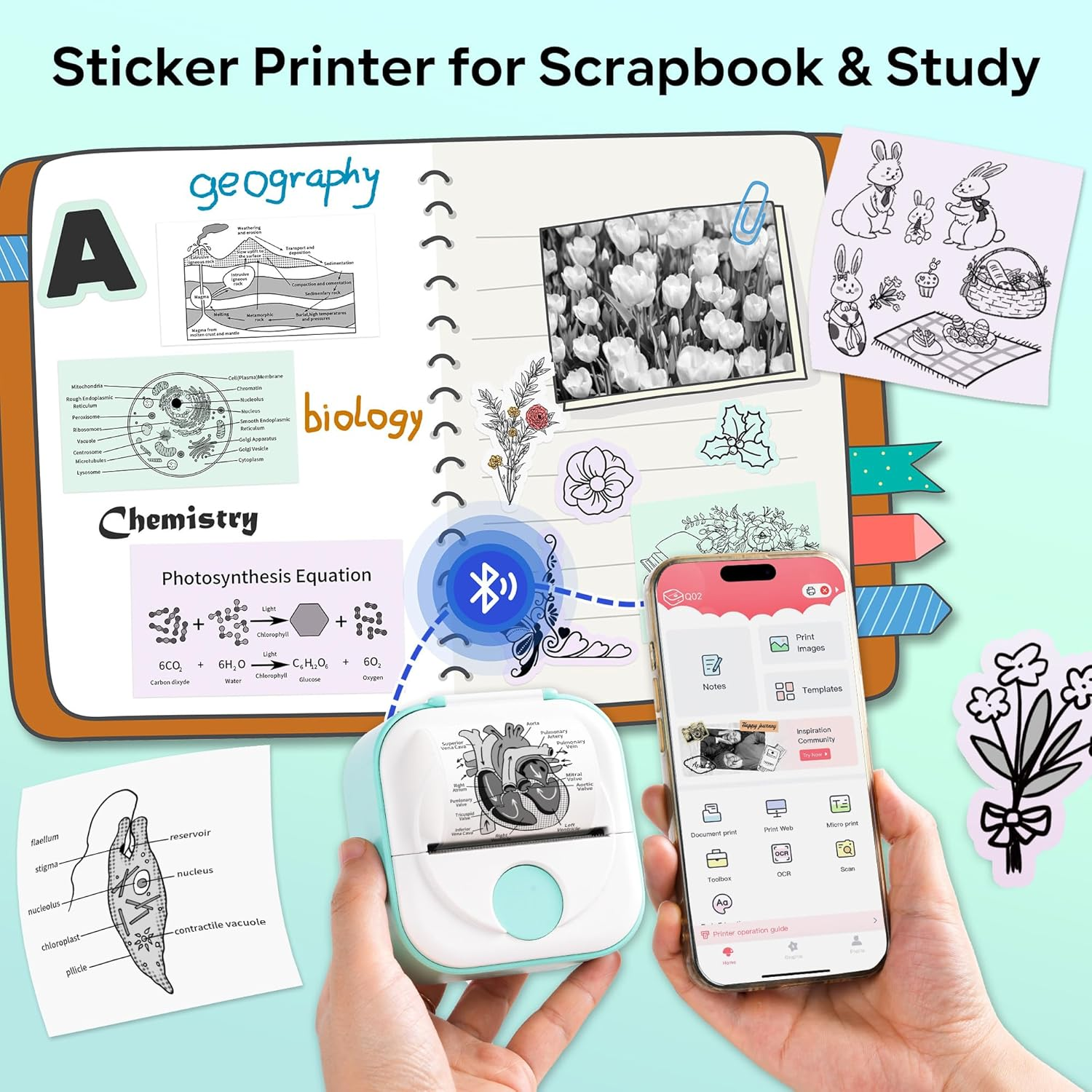 Une imprimante à autocollants pour scrapbooking et étude, montrant des diagrammes scientifiques et une app.