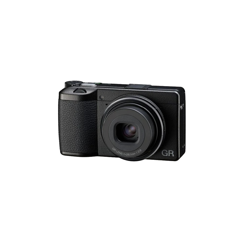 Eine schwarze Digitalkamera mit GR-Logo und GR LENS 26,1 mm 1:2,8.