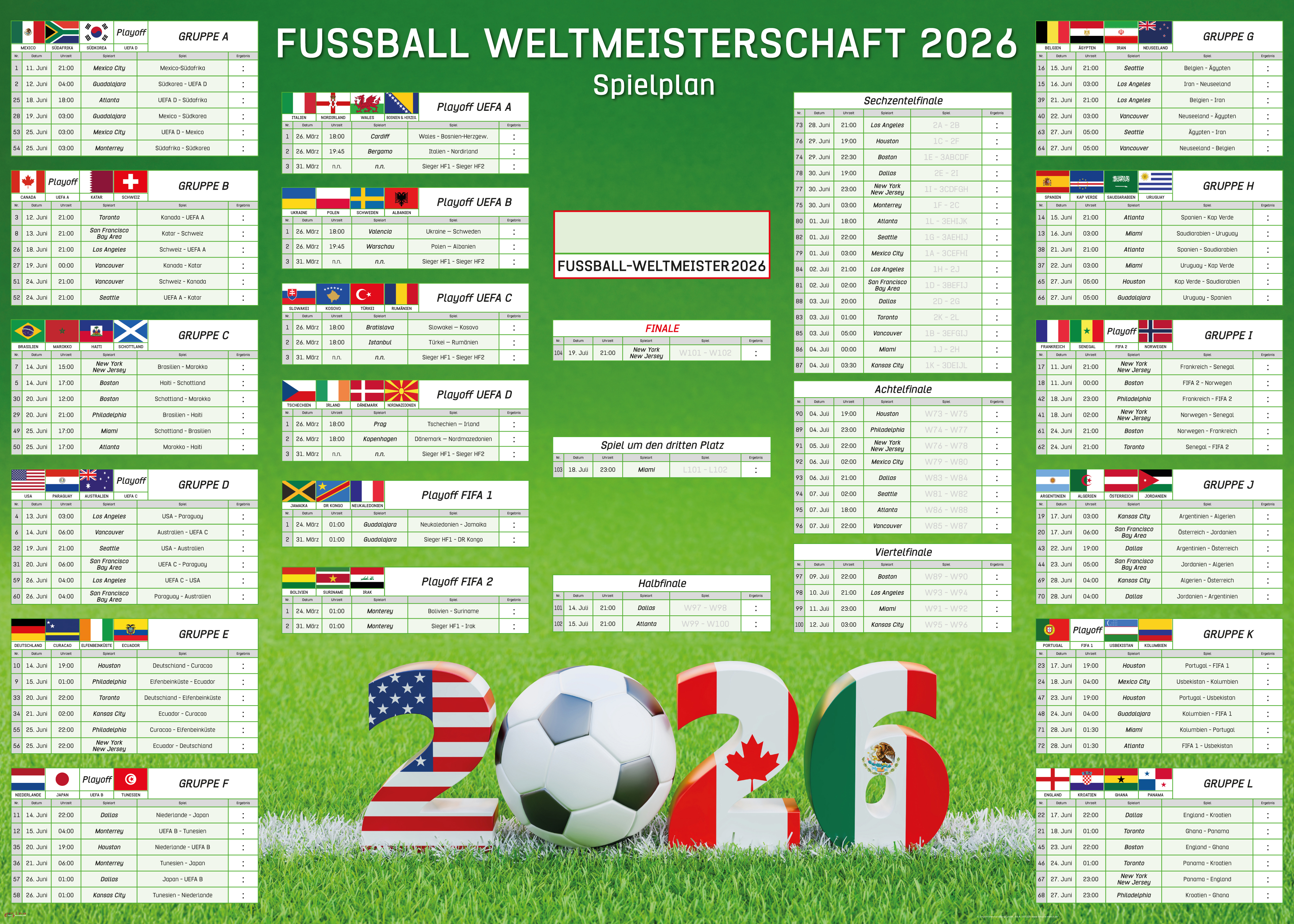 Spielplan der FIFA Fussball-Weltmeisterschaft 2026 mit Gruppen, Playoffs und K.-o.-Runden.