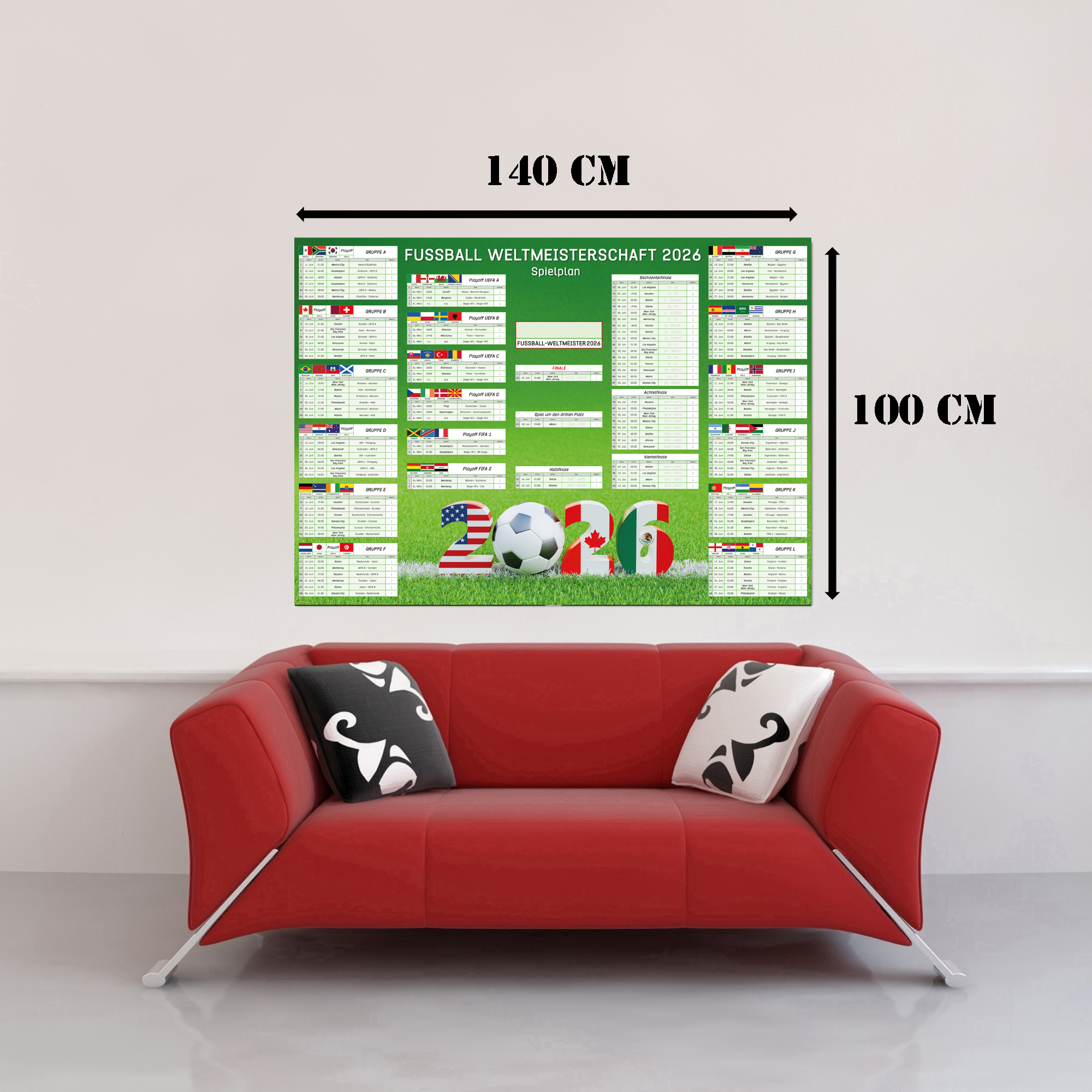 WM 2026 Spielplan Poster mit Fußball, Flaggen und Jahreszahl 2026.
