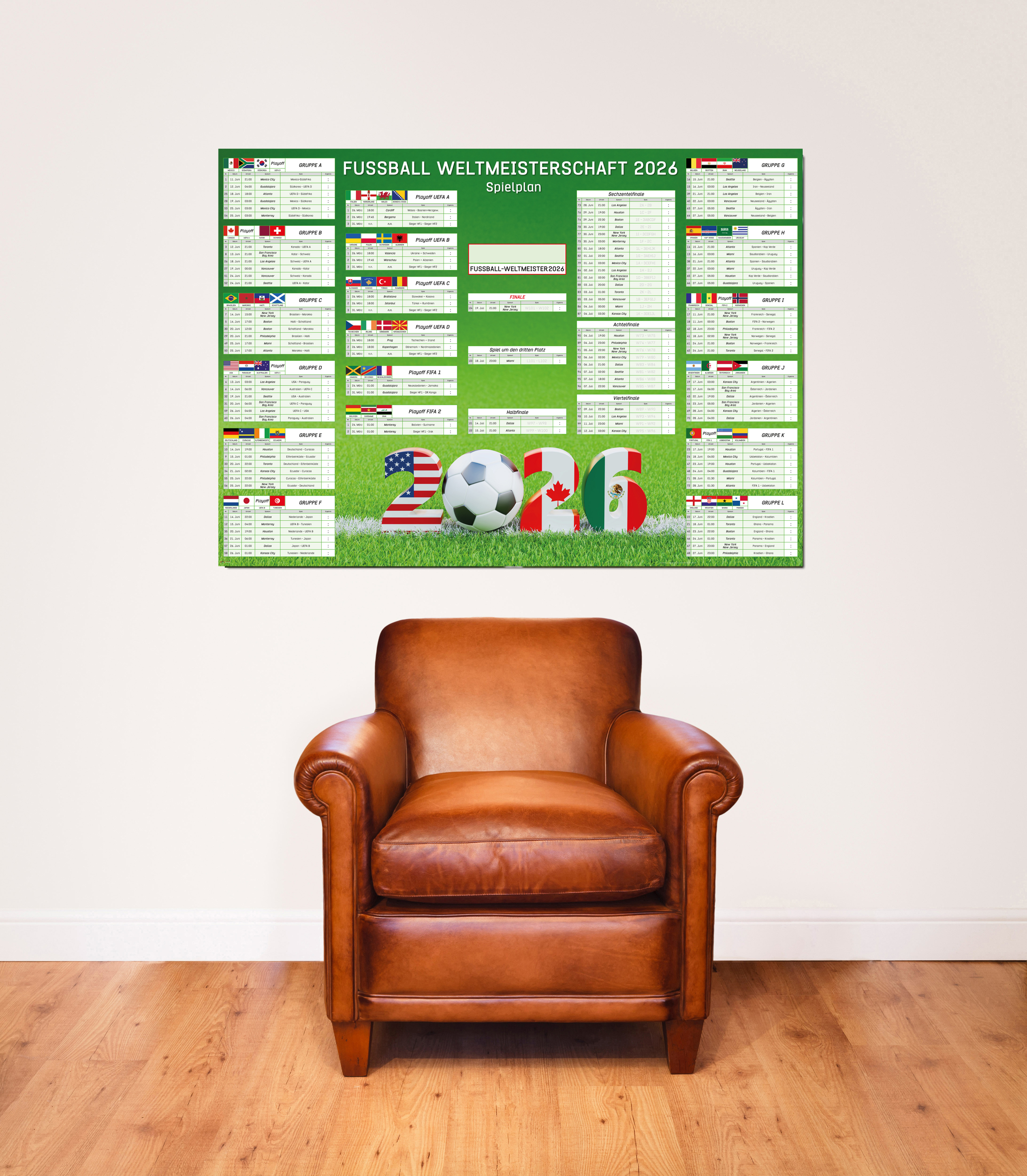 Poster mit dem Spielplan der Fußball-WM 2026 und der Jahreszahl 2026.