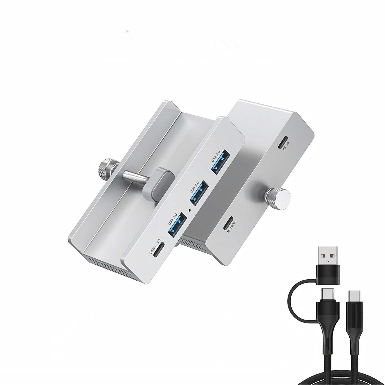 Ein silberner USB-Hub mit mehreren Anschlüssen, einschließlich USB 3.0 und USB-C.