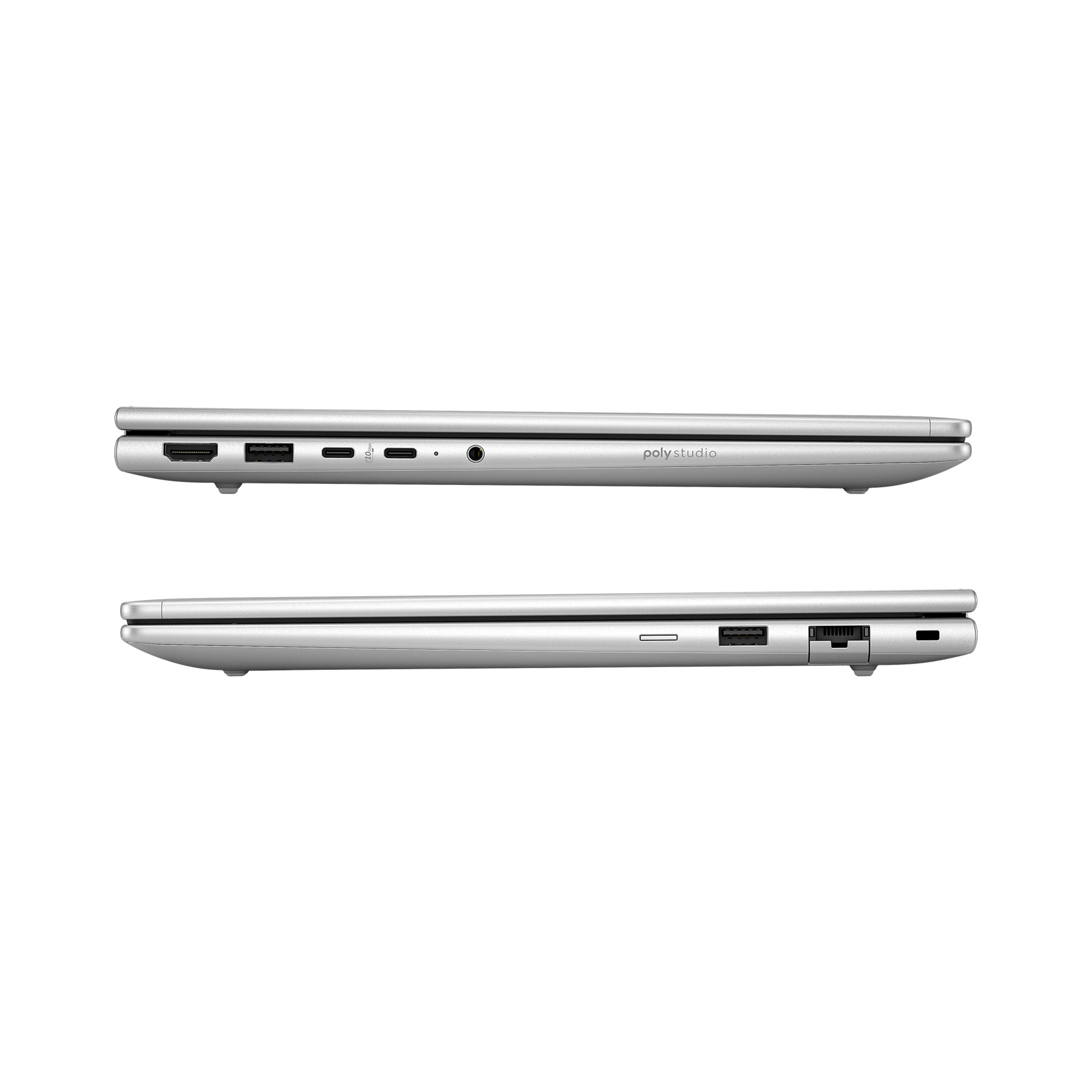 Silbernes Laptop-Profil mit Anschlüssen: HDMI, USB-C, Audiobuchse, USB-A und Ethernet.