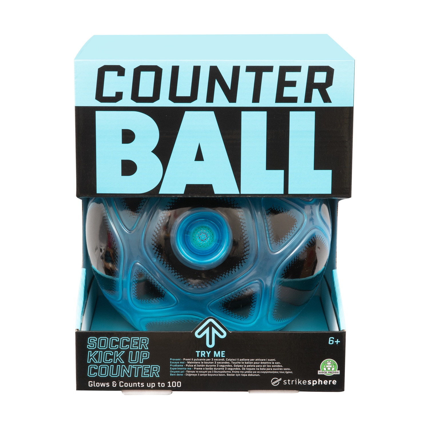 Una confezione blu di pallone da calcio con testo 'COUNTER BALL' e pallone luminoso.